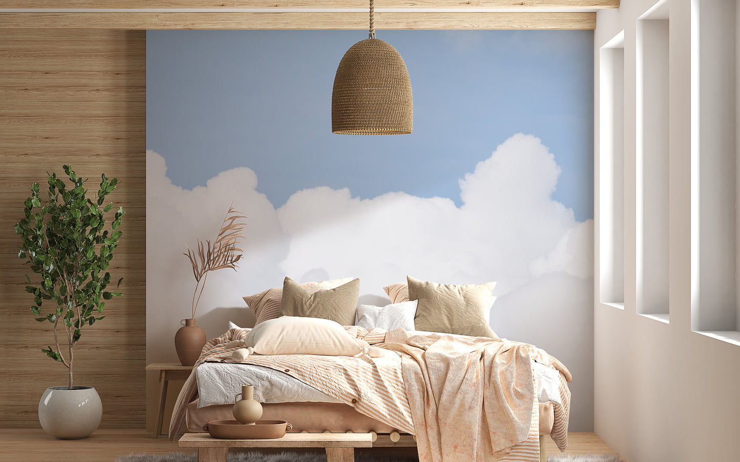 Artistic azure sky mural with clouds for tranquil room ambiance.
