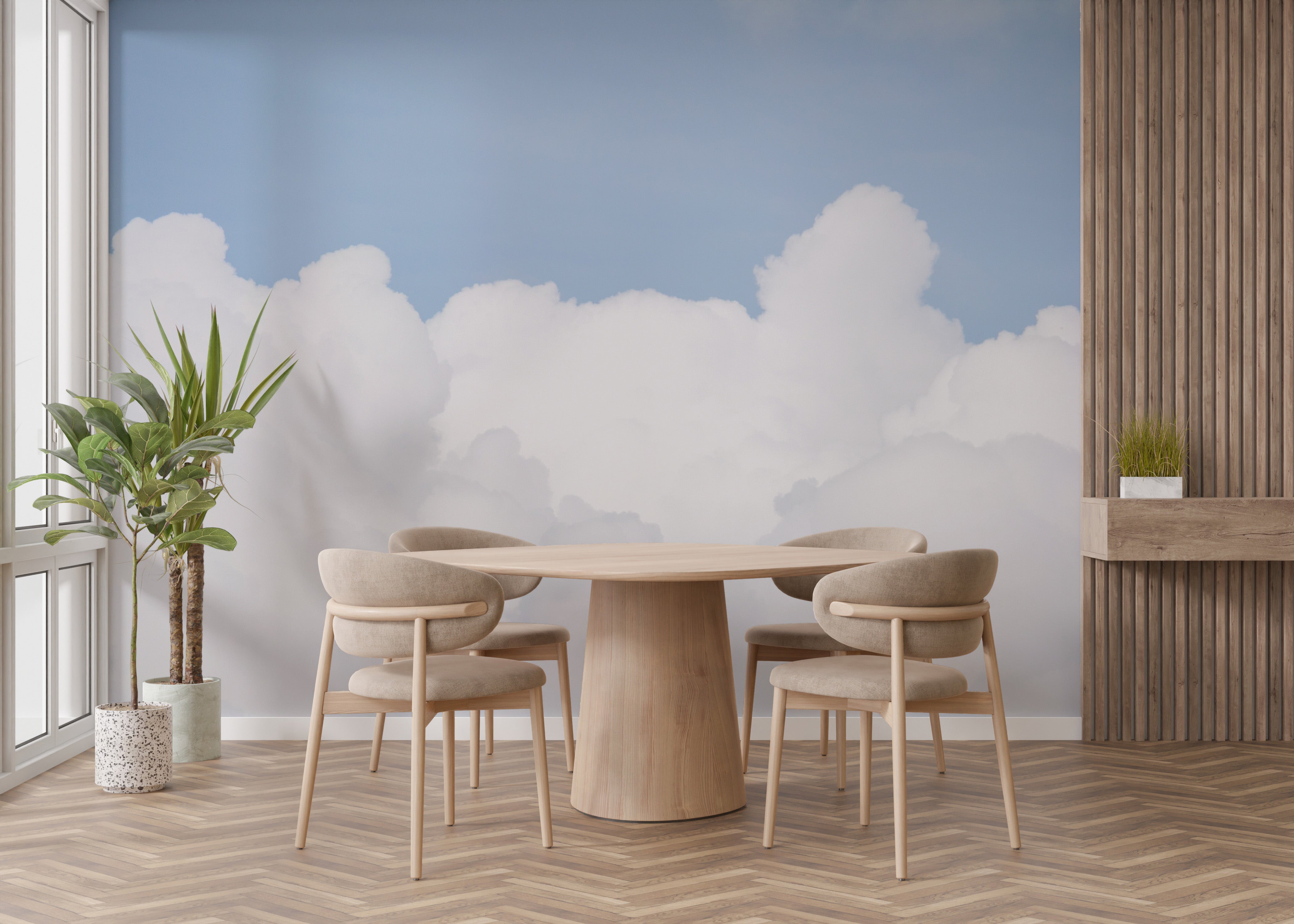 Wall mural featuring a serene azure sky with dreamy cloud patterns.
