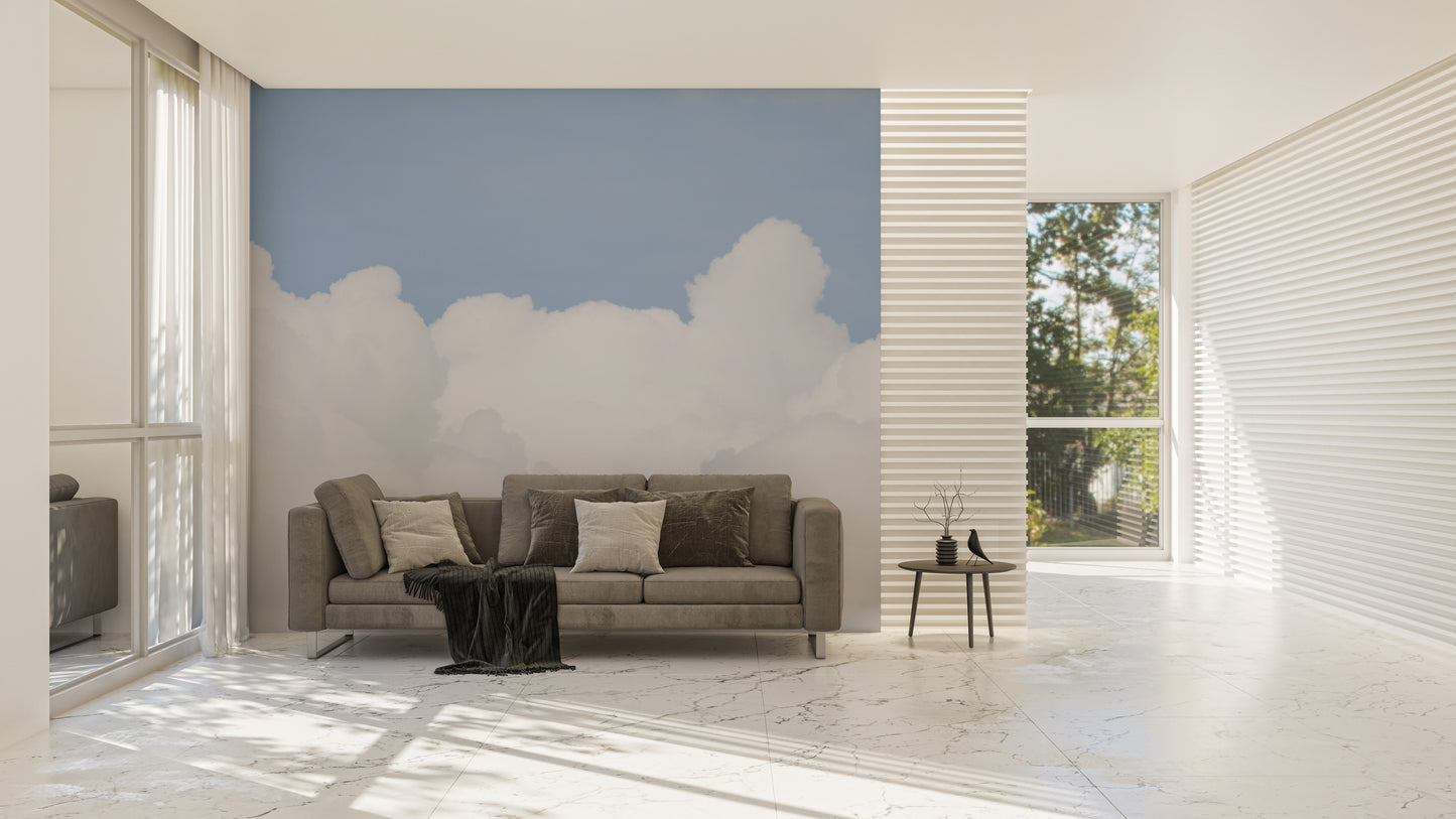 Azure sky mural showcasing soft, tranquil clouds for interiors.
