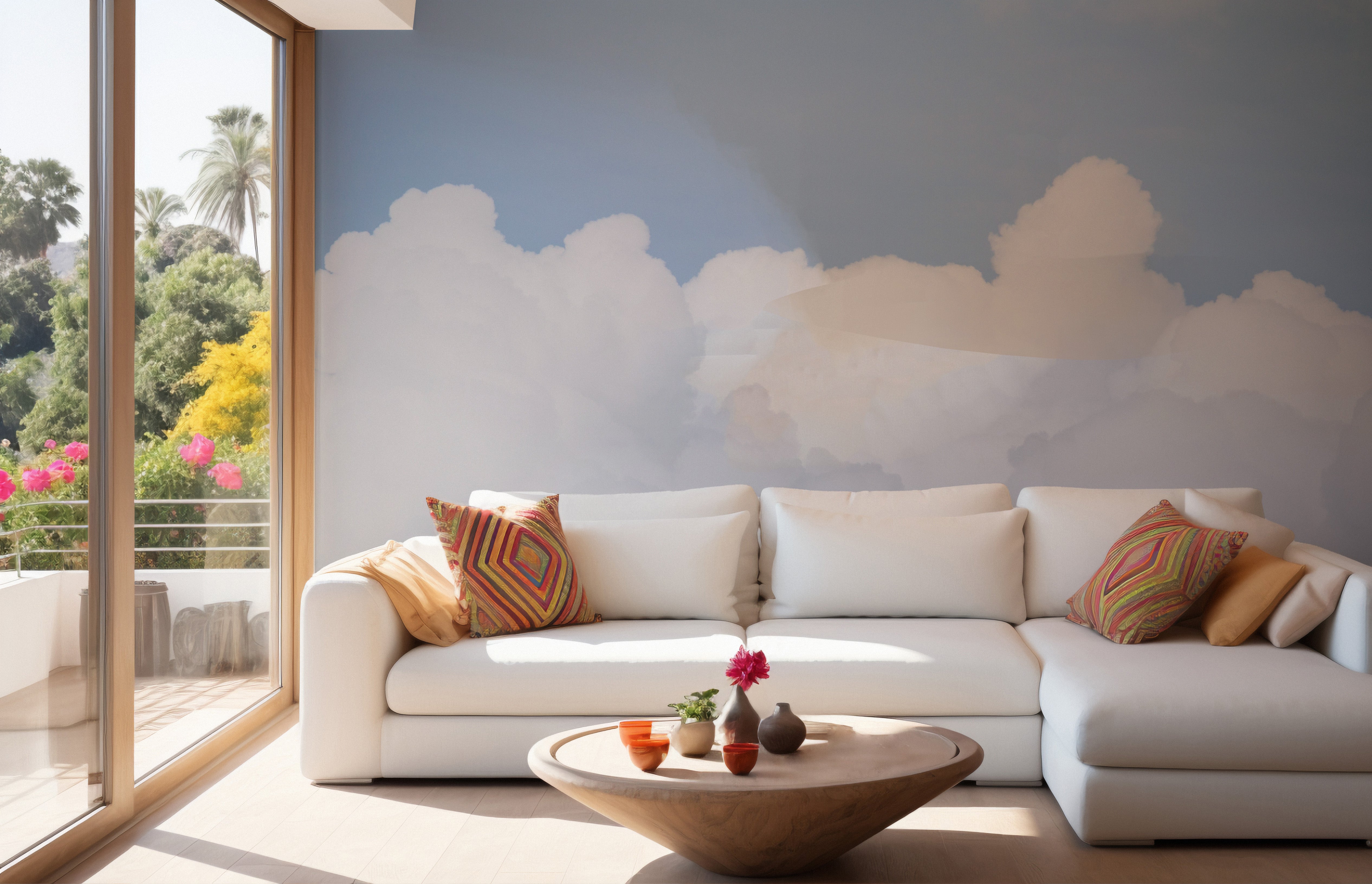 Serene mural with azure sky and fluffy clouds for peaceful walls.
