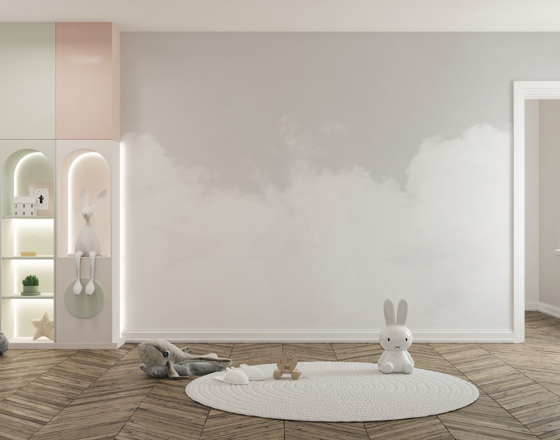 Pure bliss cloudscape mural with soft clouds for tranquil decor.
