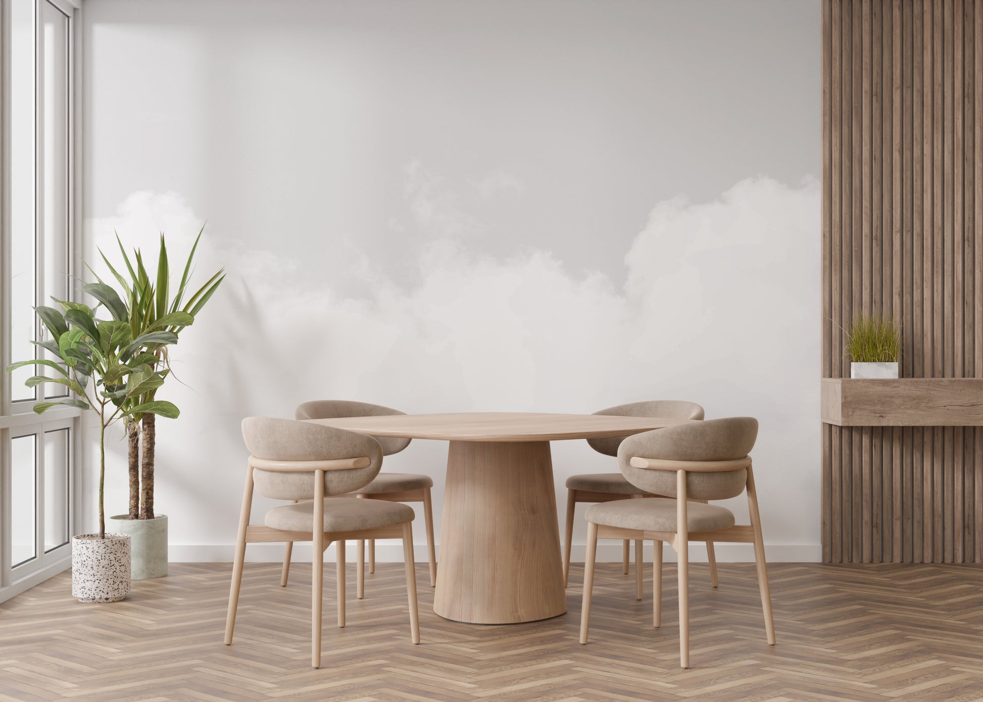 Cloudscape mural with soft, fluffy clouds for serene wall decor.
