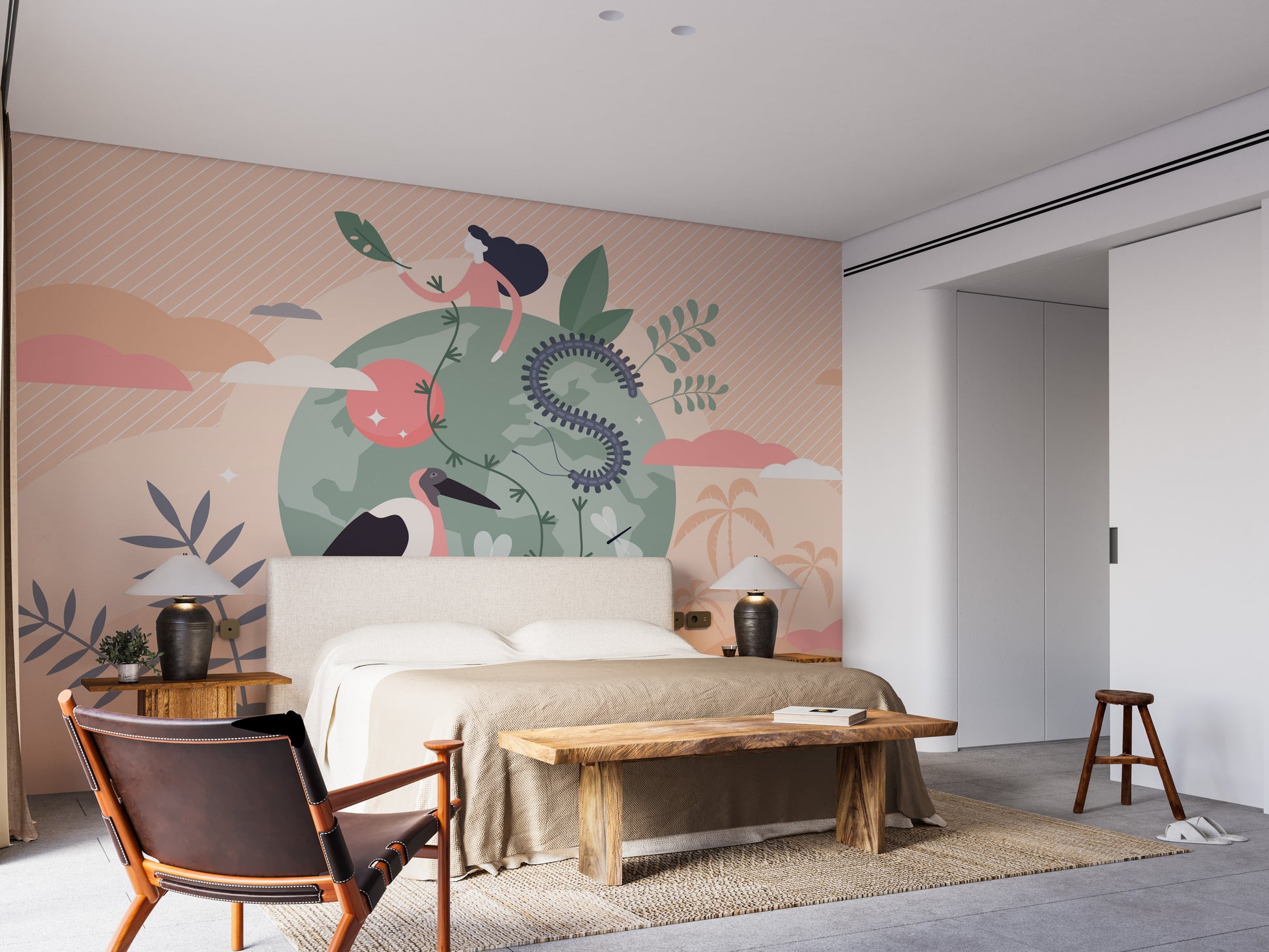 Wild kingdom mural with animals over Earth for adventurous decor.
