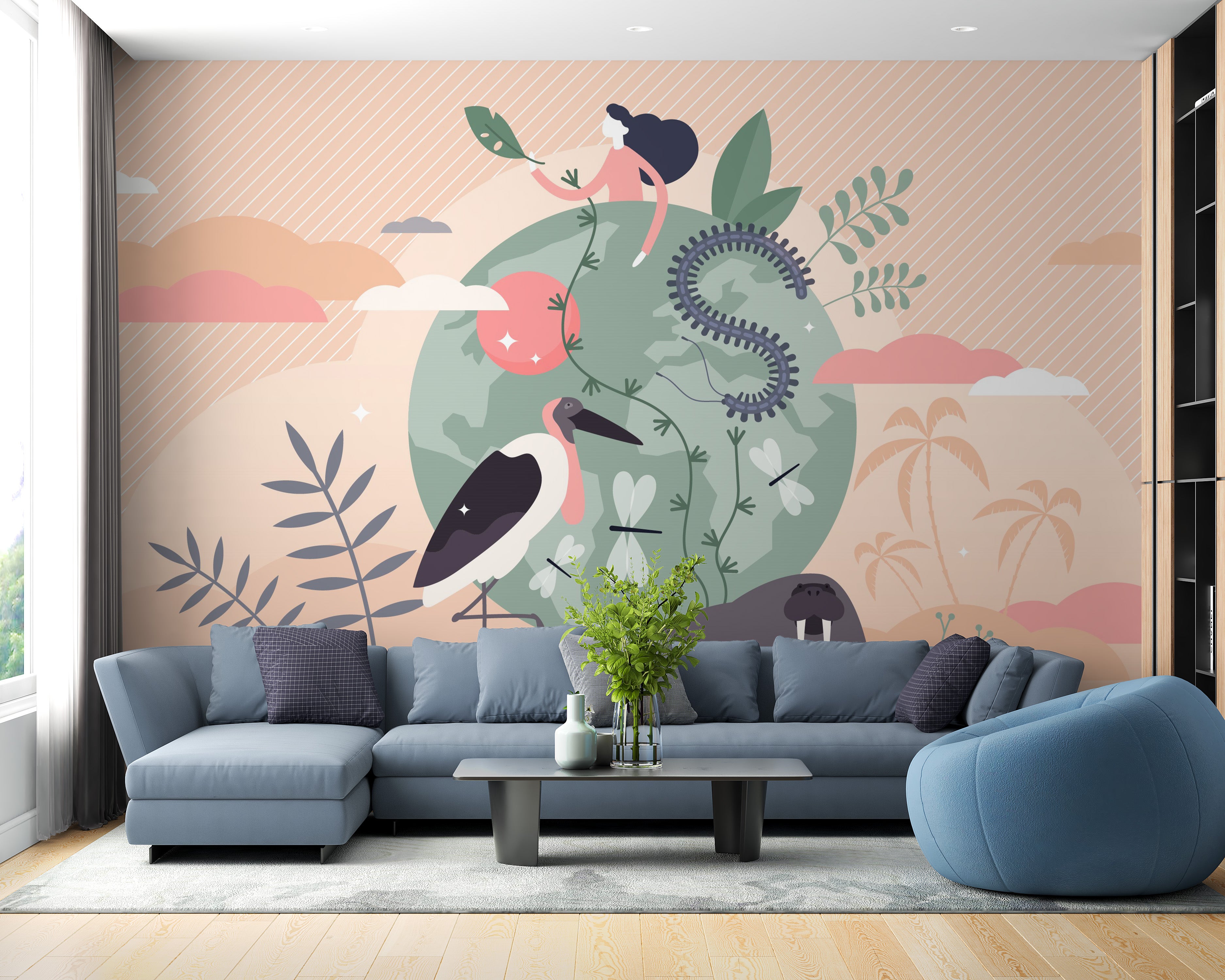 Wallpaper mural featuring a wild kingdom above Earth’s landscape.
