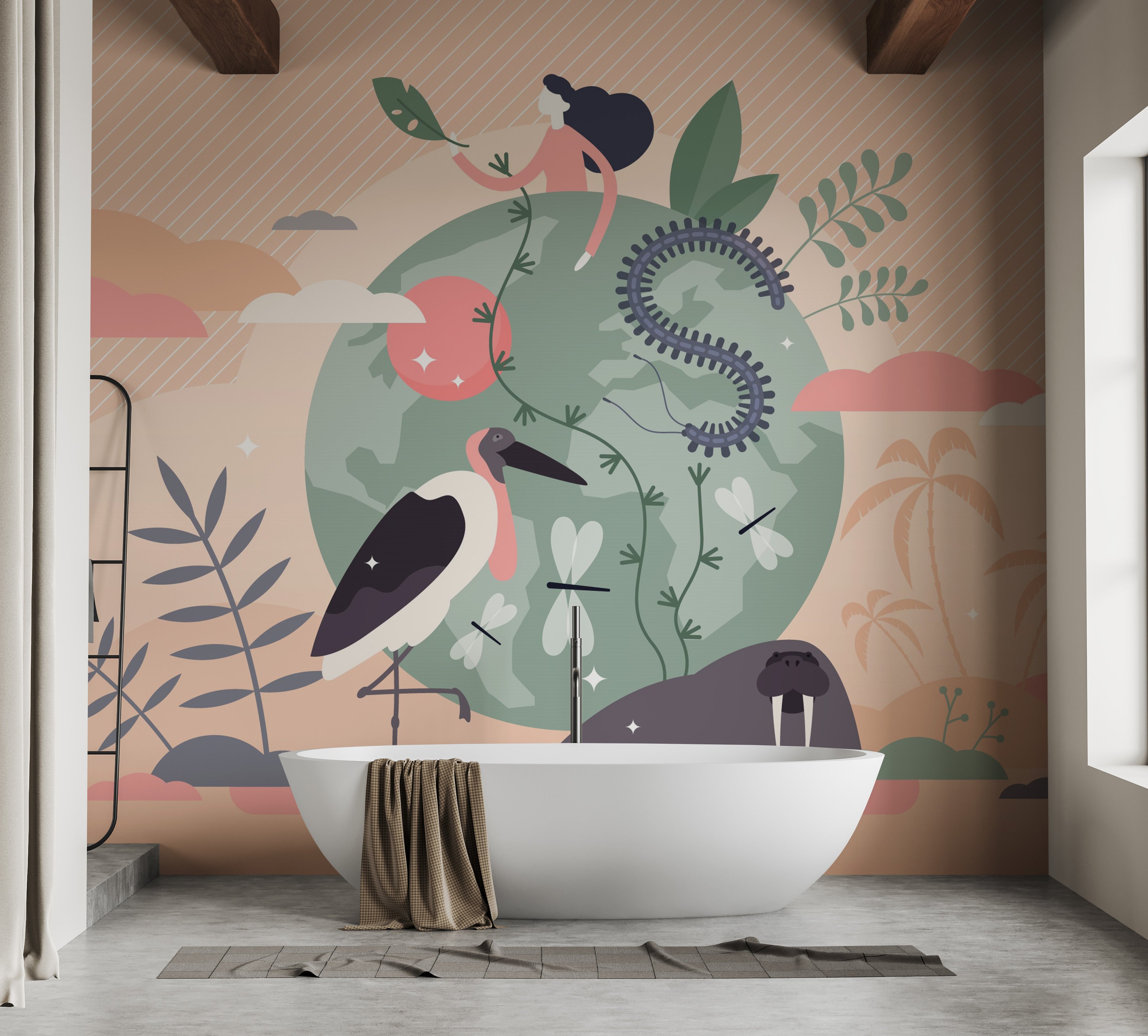 Earth-themed mural featuring a wild kingdom for creative interiors.
