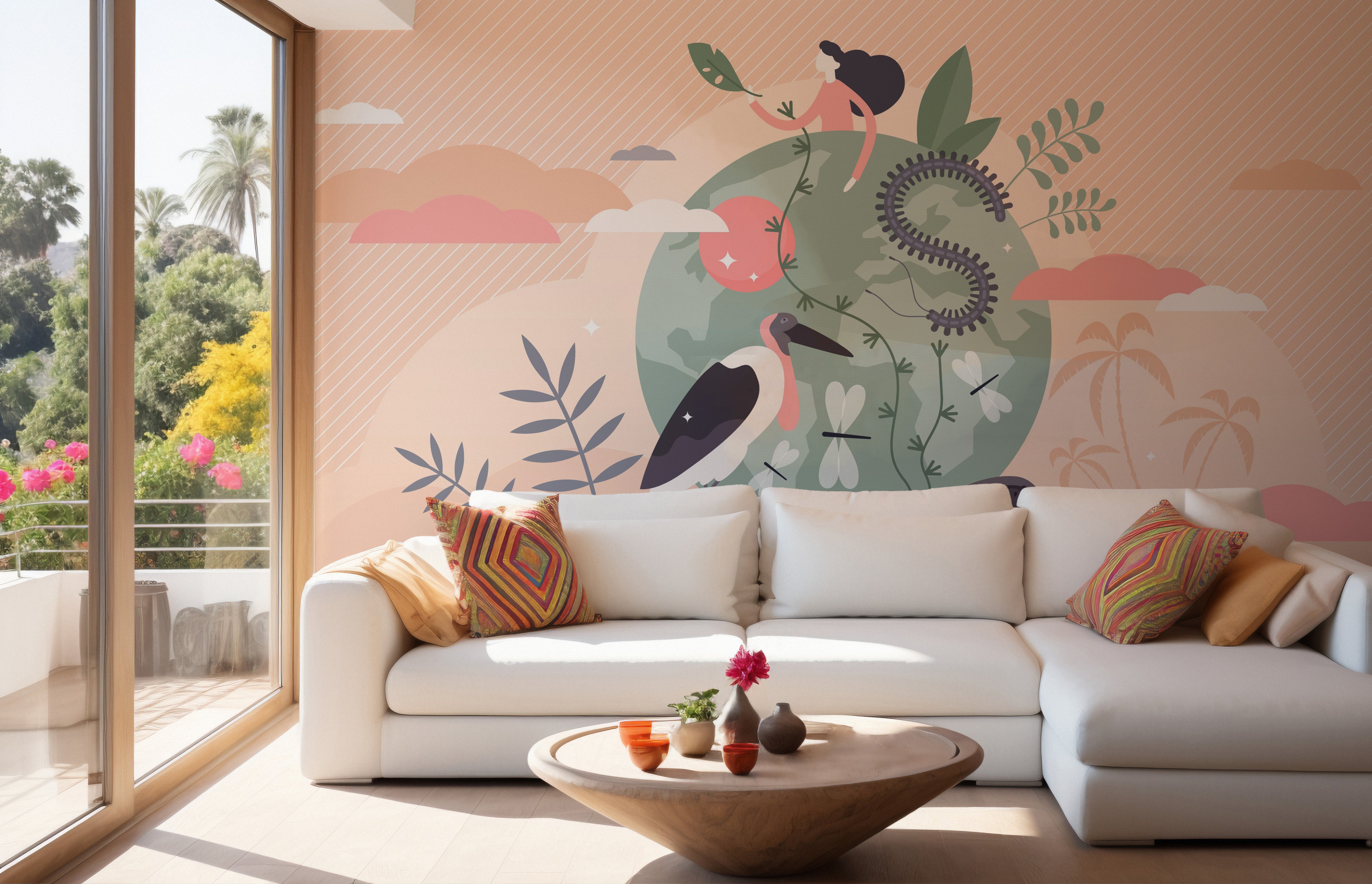 Wild kingdom wallpaper mural with vibrant animals and Earth views.
