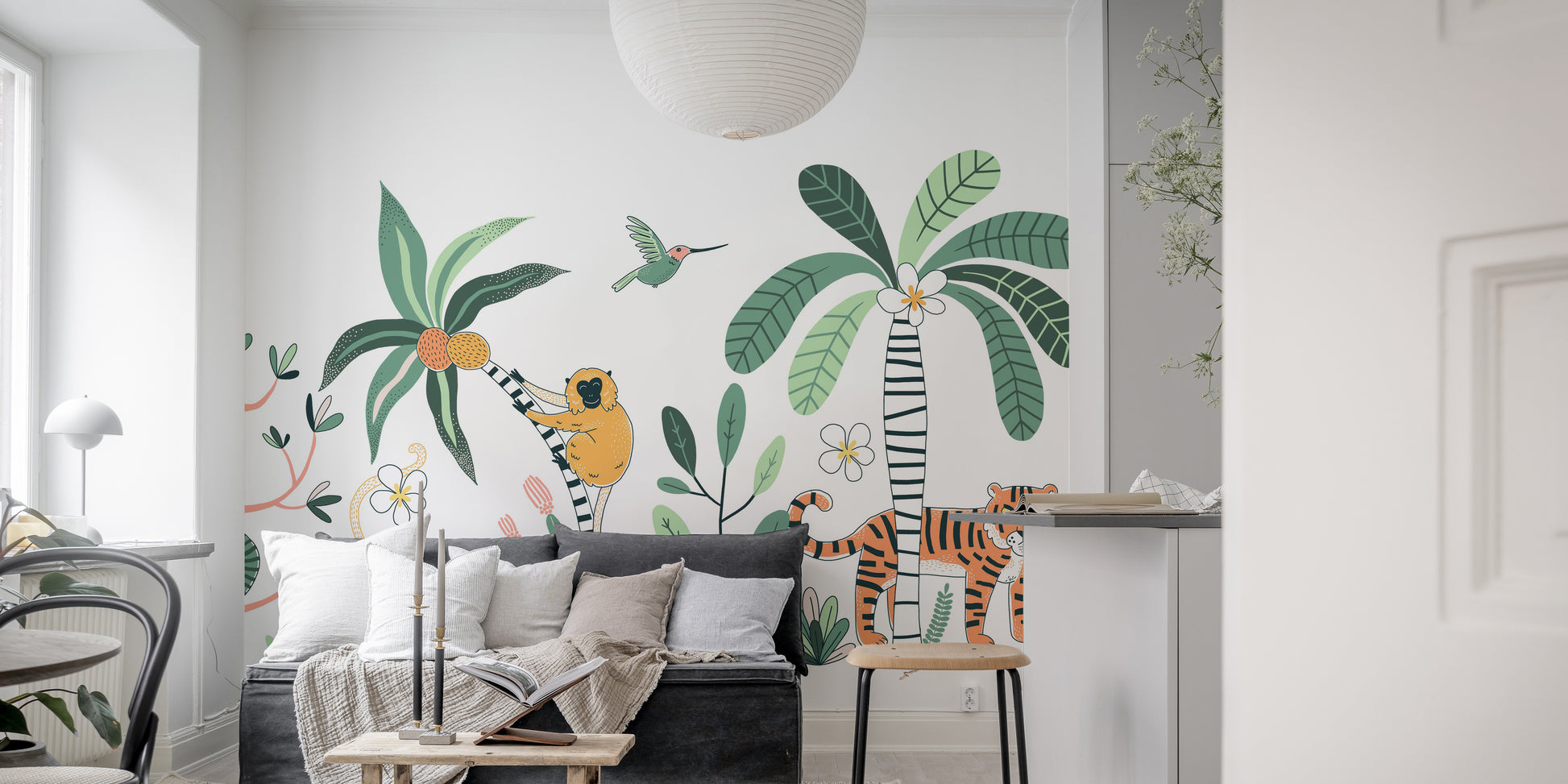 Artistic jungle safari mural with vibrant plants and wildlife.
