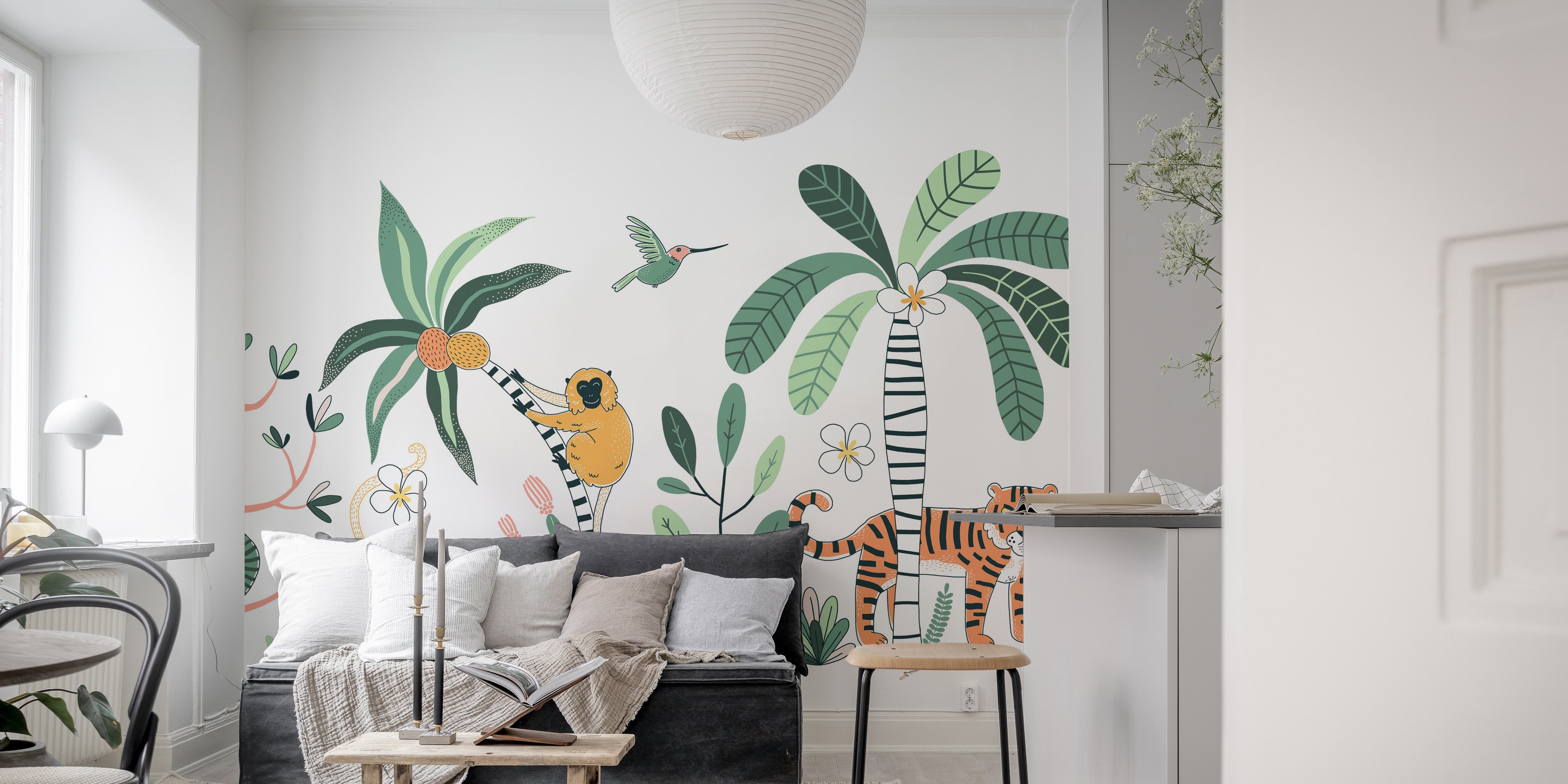 Artistic jungle safari mural with vibrant plants and wildlife.
