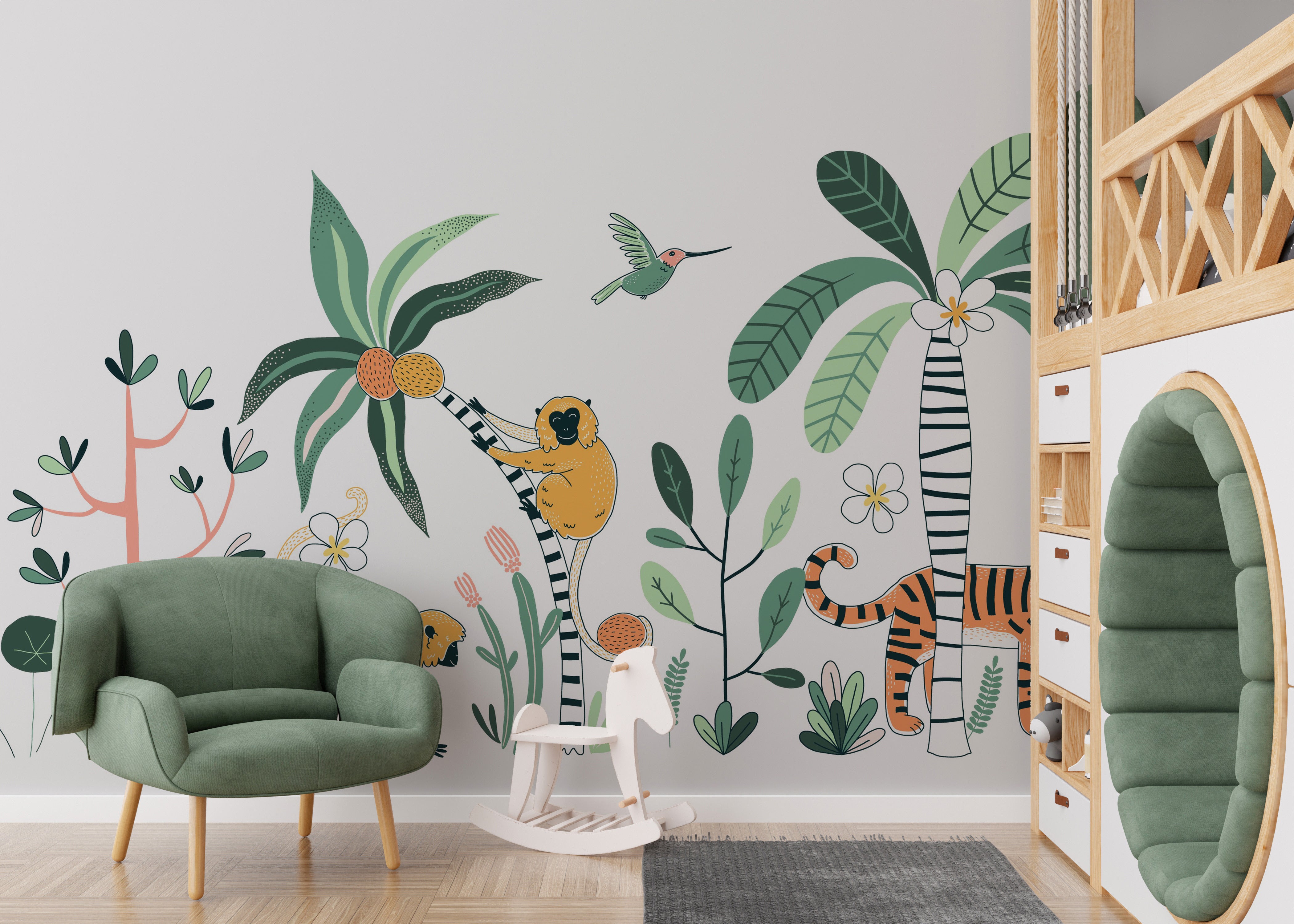 Vibrant jungle mural showcasing an exciting safari adventure.
