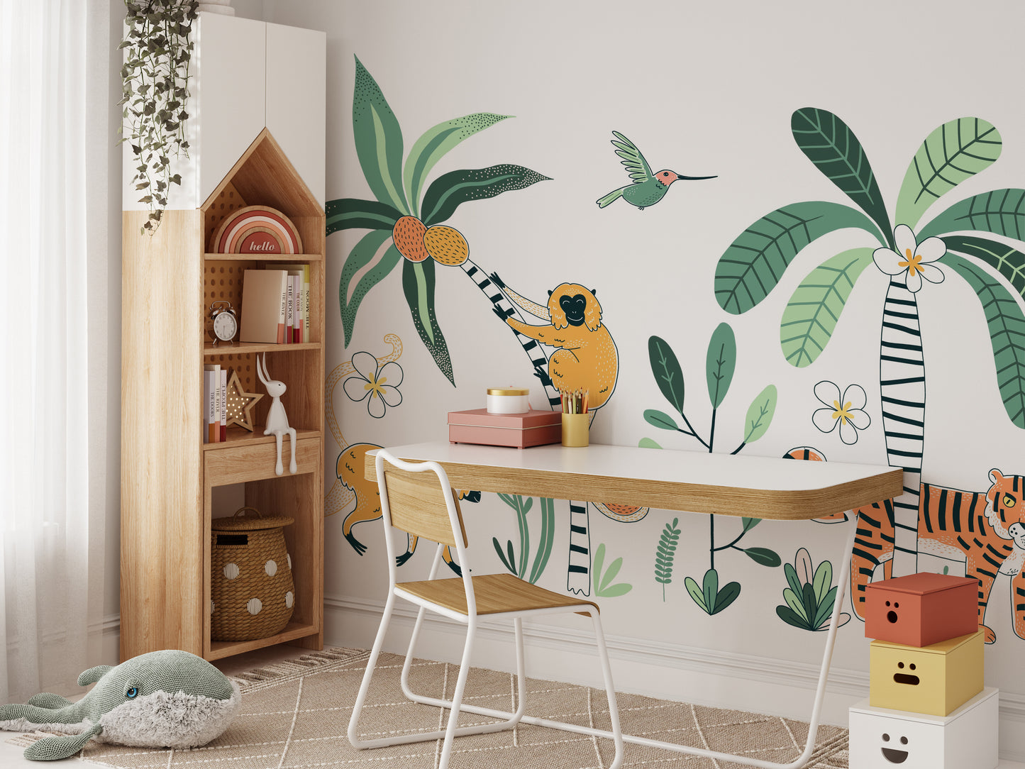 Jungle safari mural with bold wildlife and lush tropical scenery.
