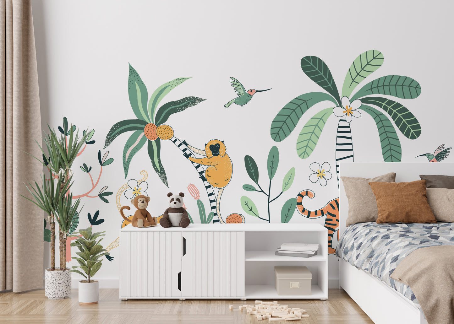 Jungle mural featuring a safari adventure with exotic animals.
