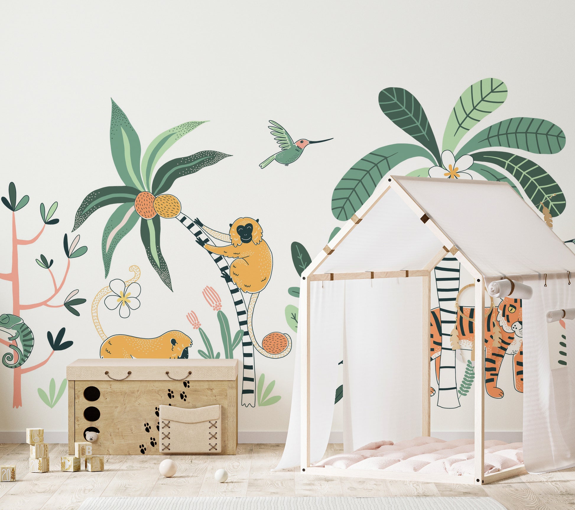 Safari-themed wallpaper mural for adventurous jungle decor.
