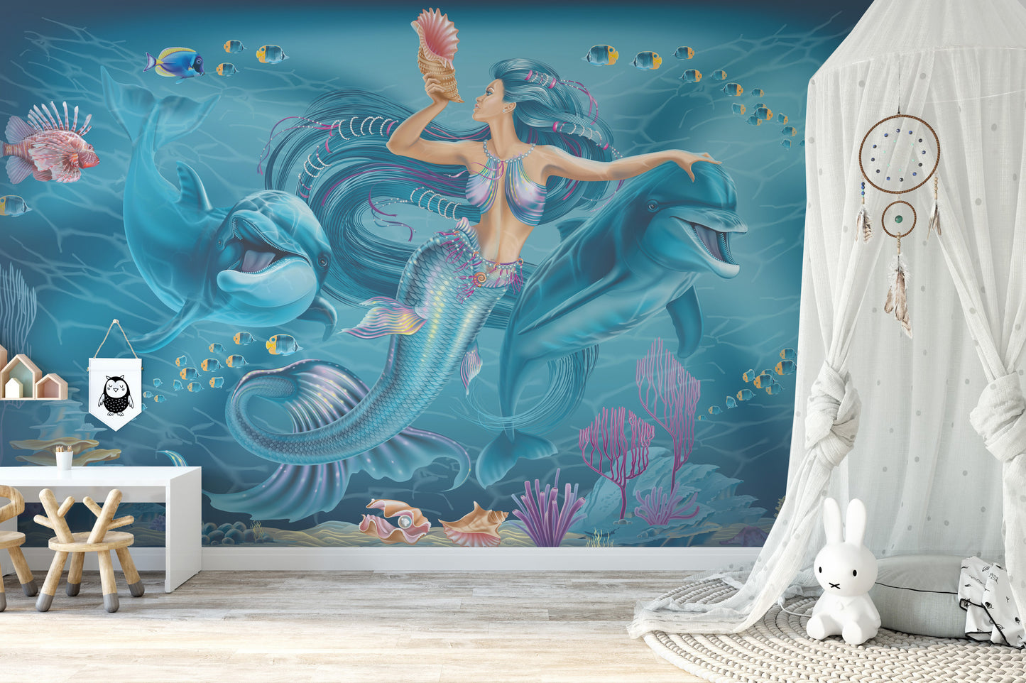 Oceanic enchantment mural featuring a graceful mermaid design.
