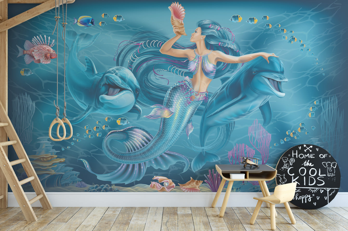 Oceanic enchantment mermaid mural for serene and magical decor.
