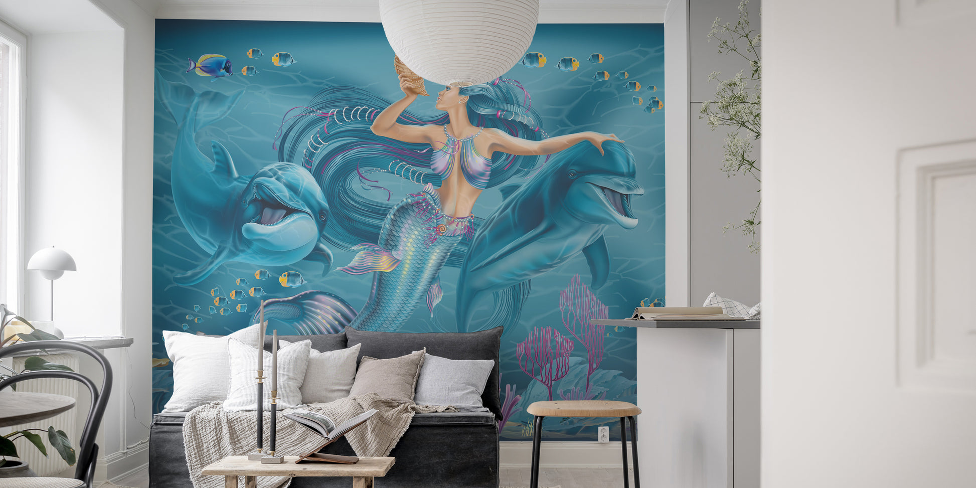 Whimsical mermaid mural with oceanic enchantment for kids' spaces.
