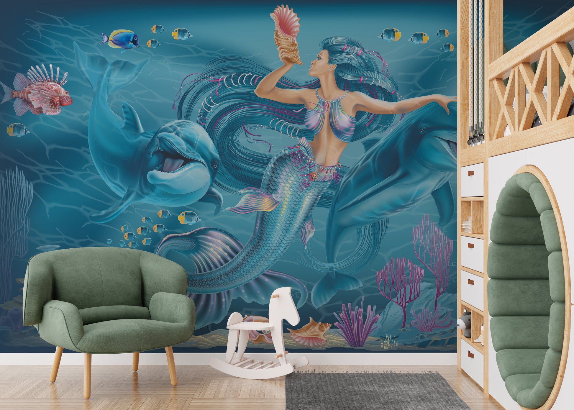 Underwater mural with mermaids and oceanic charm for interiors.
