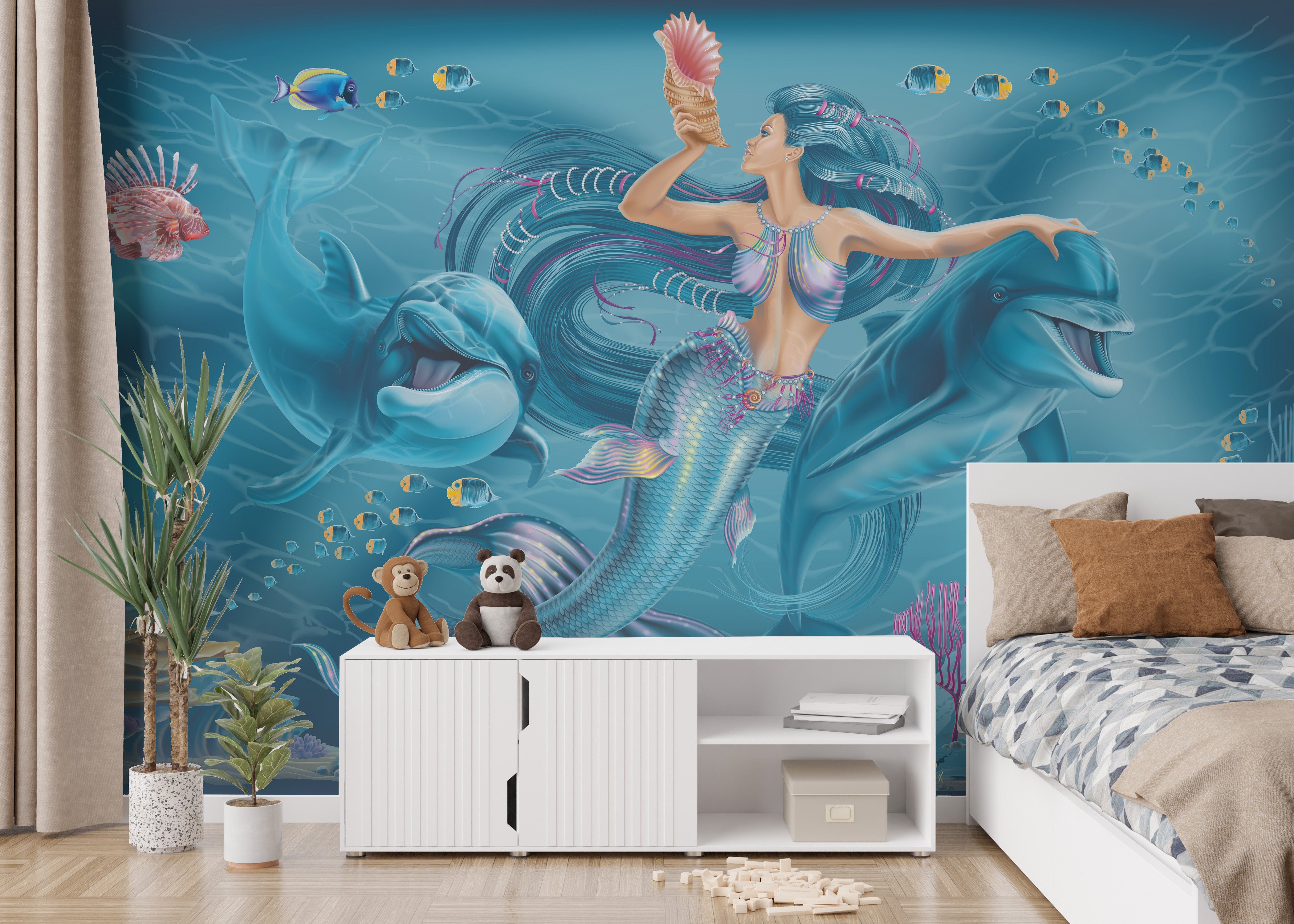 Oceanic enchantment mural with a serene underwater mermaid view.
