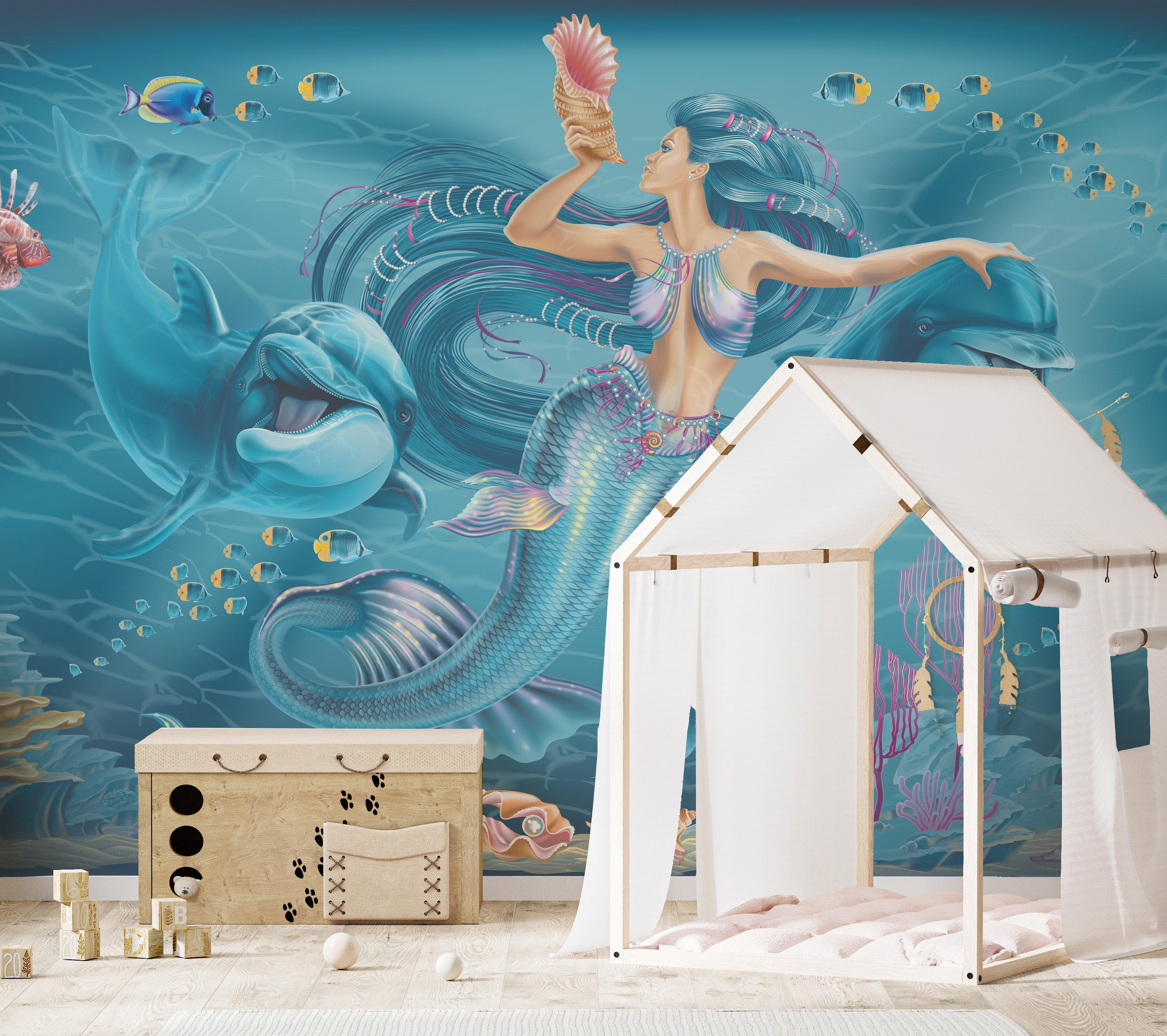 Mermaid-themed mural with enchanting oceanic elements for walls.
