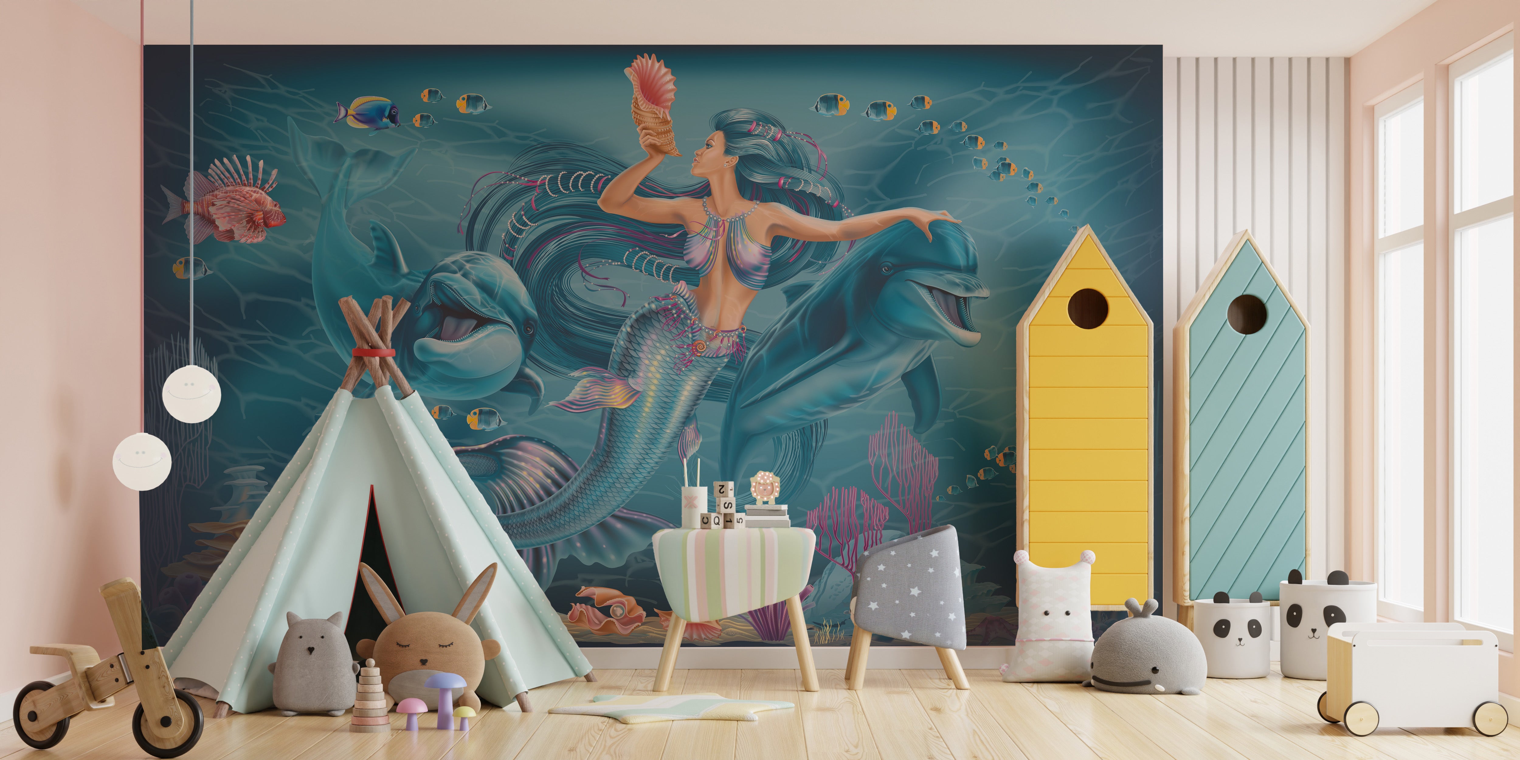 Artistic oceanic mural showcasing a magical mermaid scene.
