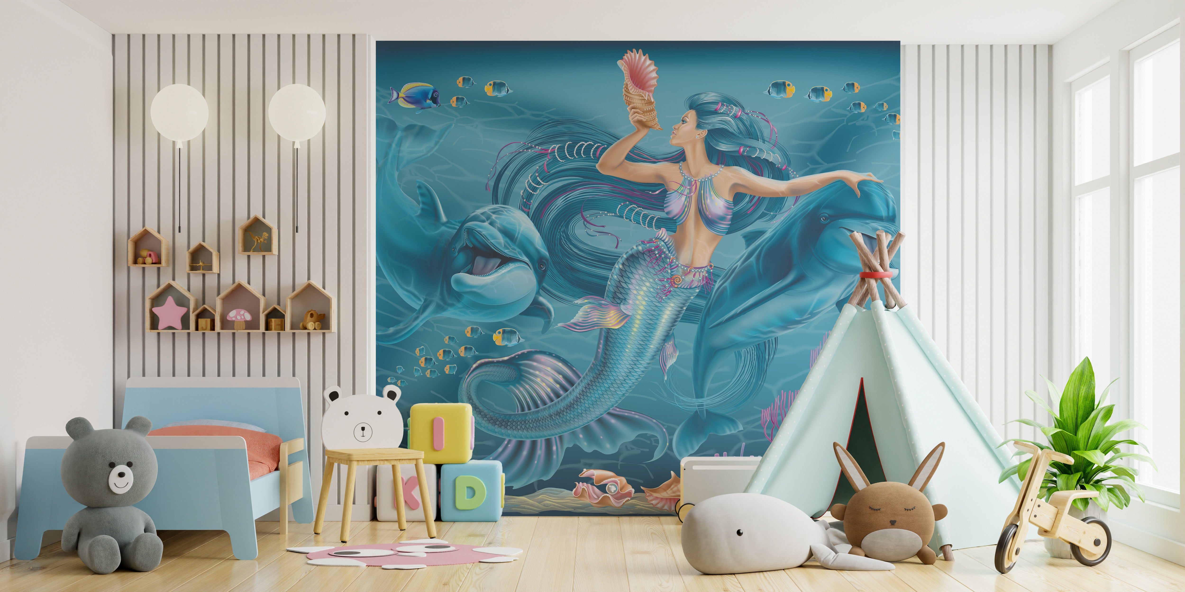 Mermaid mural with oceanic enchantment for whimsical wall decor.
