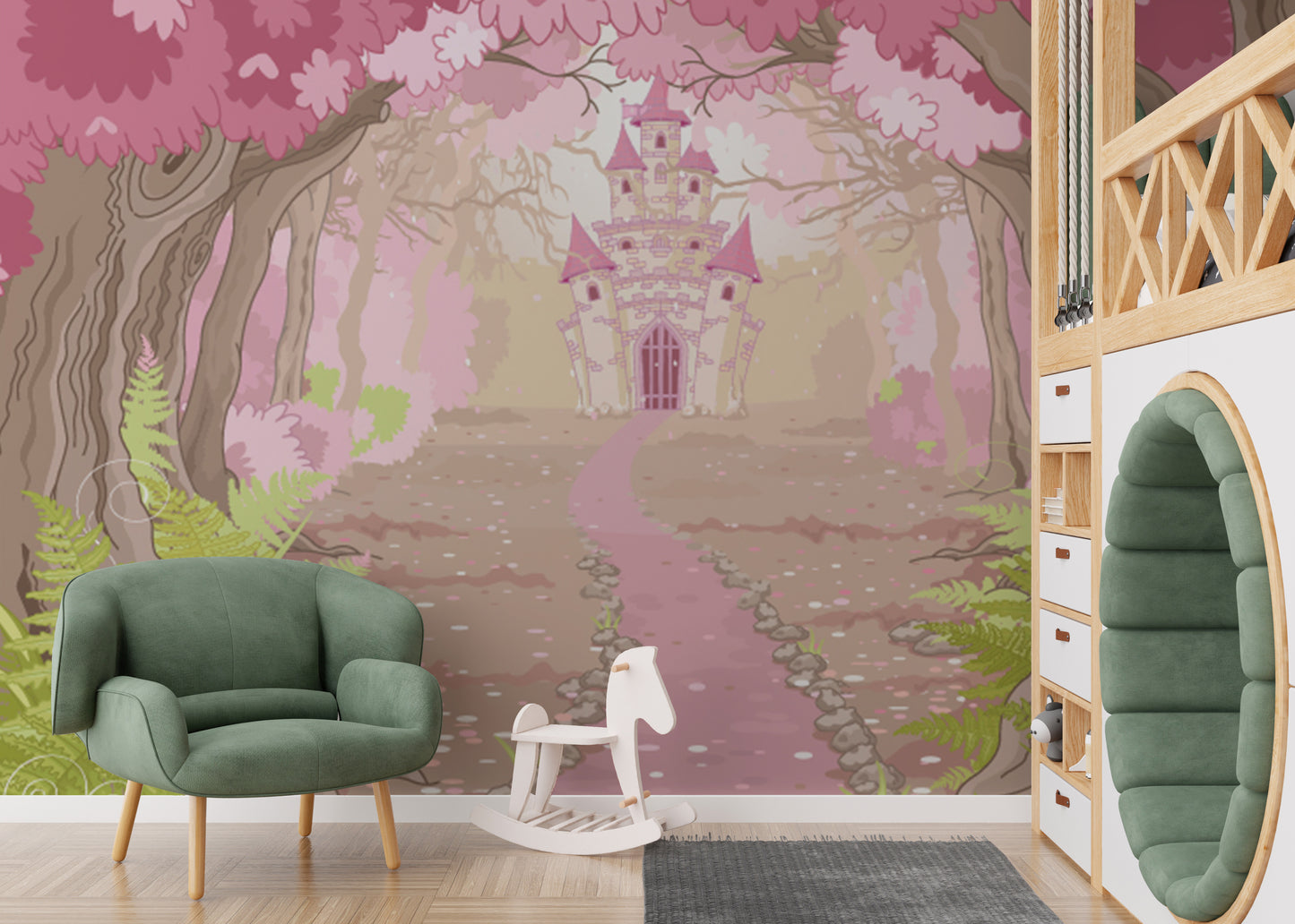 Majestic dream castle mural for a magical and tranquil room decor.
