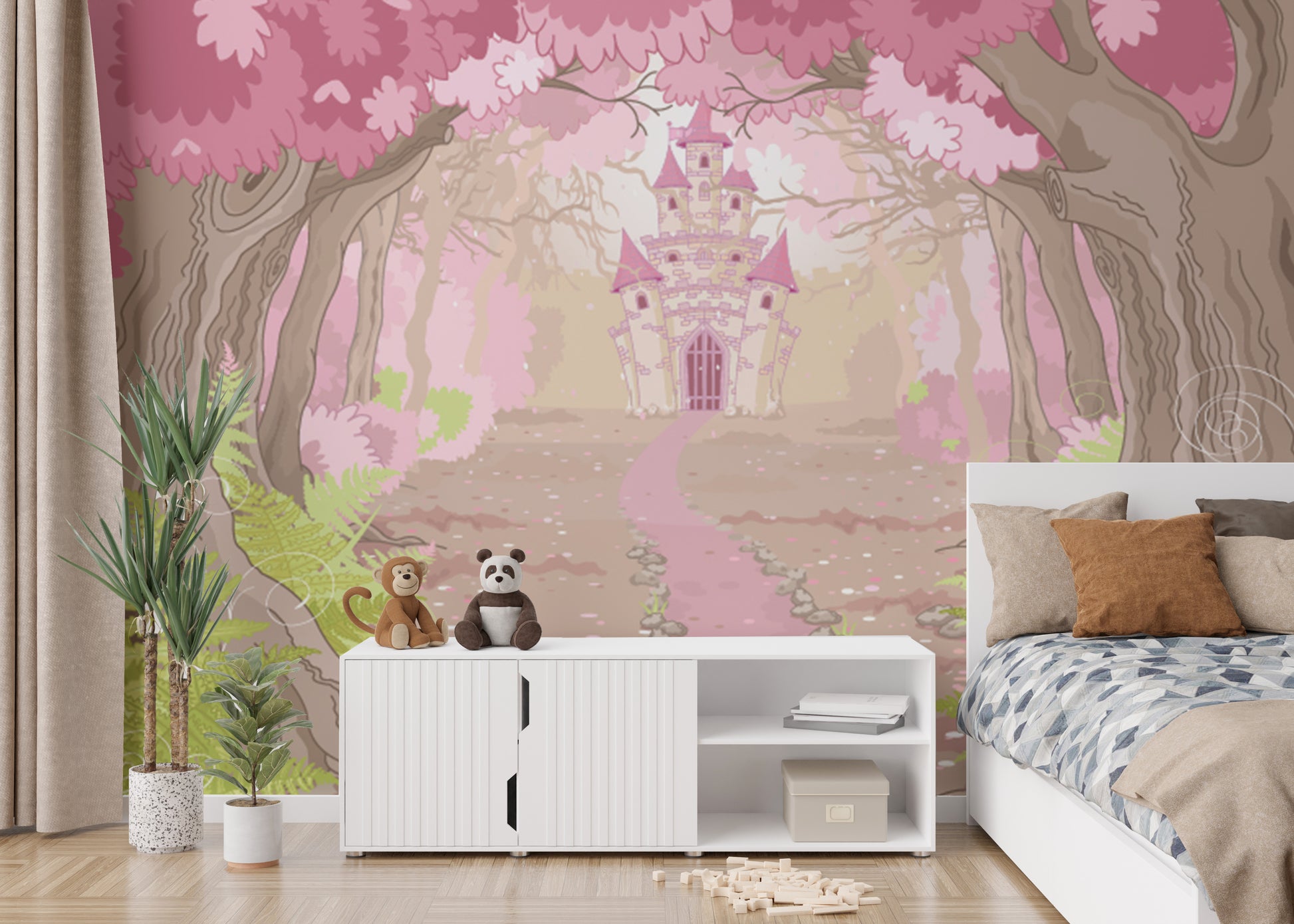 Fairytale-themed majestic castle mural for serene wall spaces.
