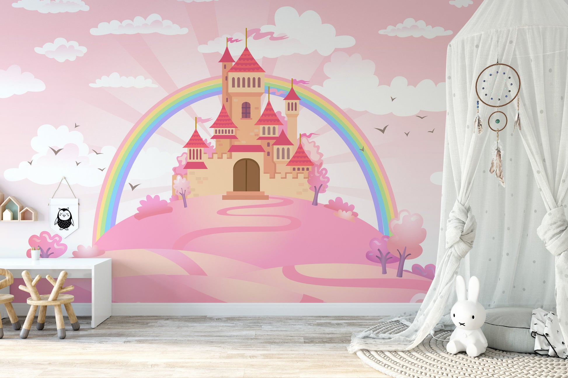 Enchanted princess castle mural with magical fairytale charm.
