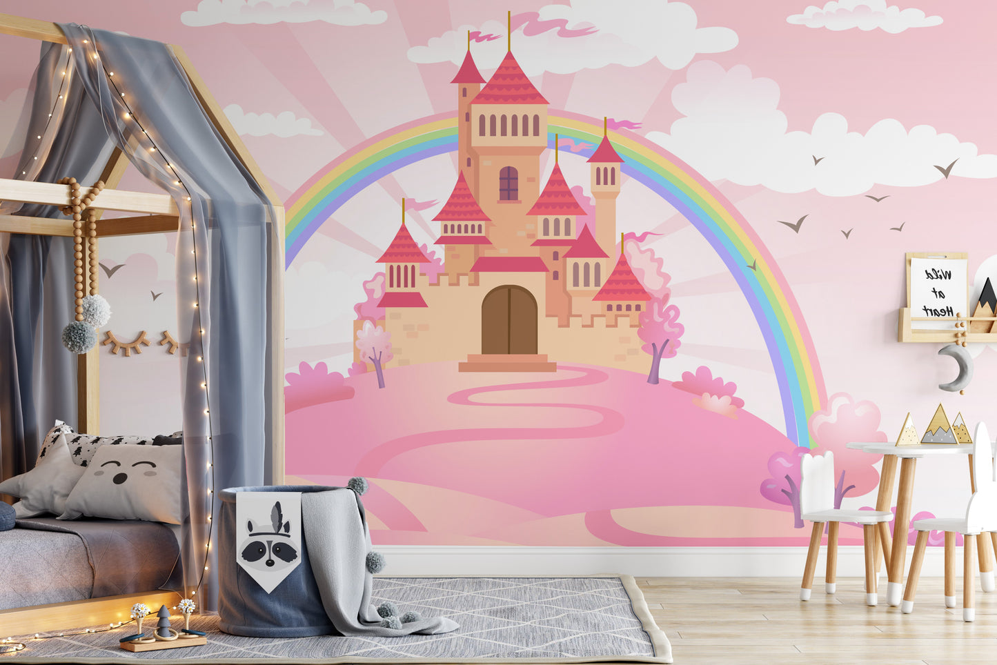 Princess-themed castle mural with enchanted details for decor.
