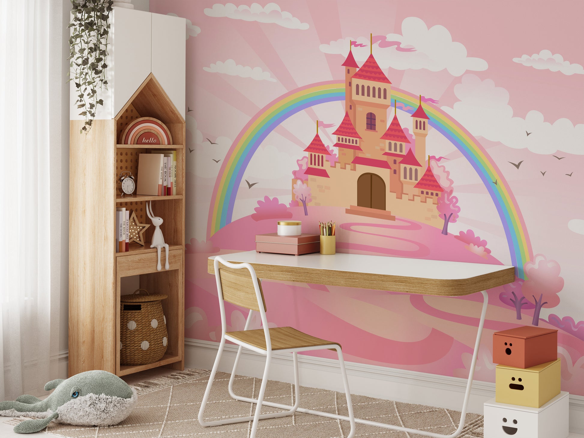 Elegant wallpaper mural with an enchanted princess castle design.
