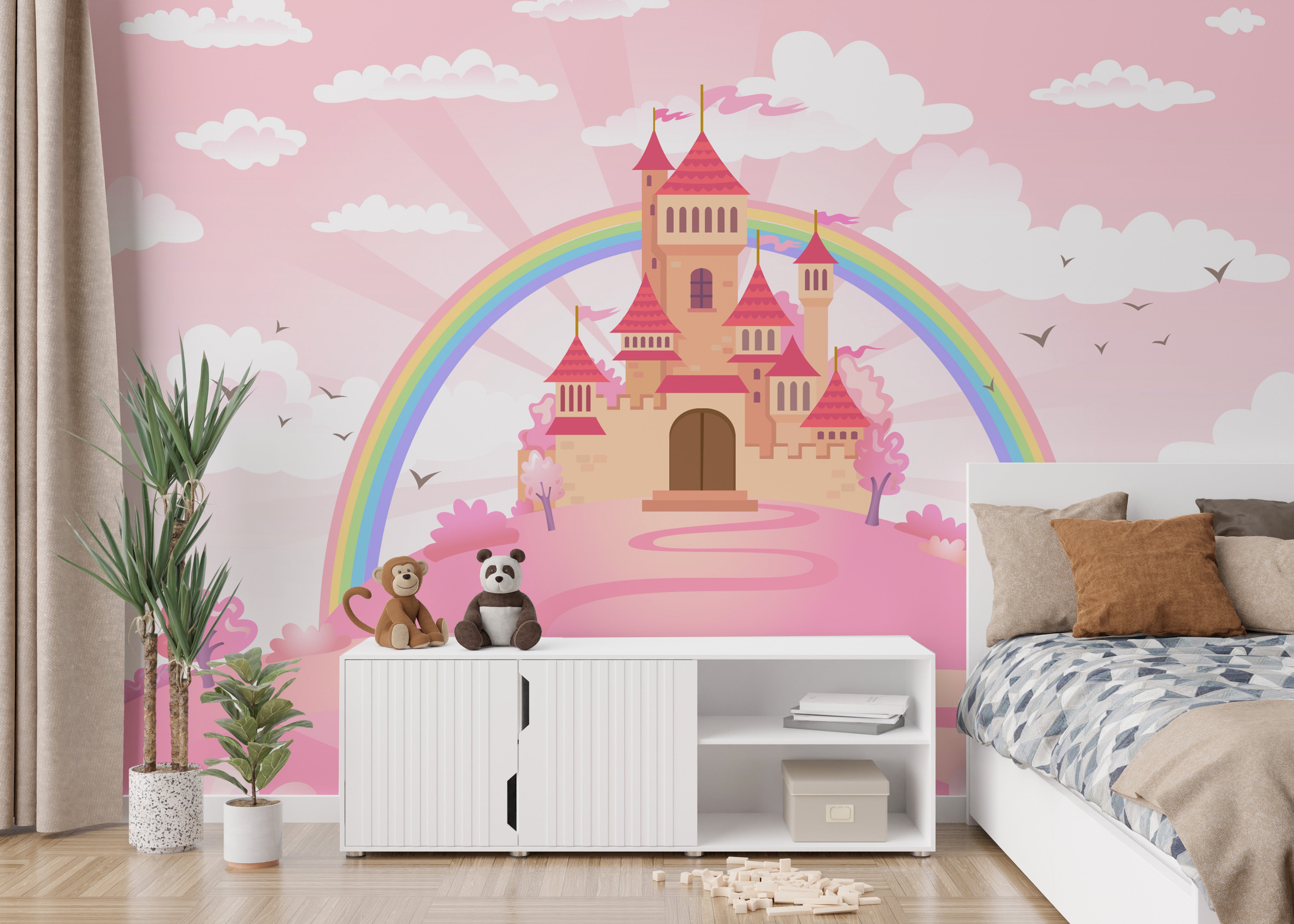 Fairytale enchanted castle mural for charming kids' room decor.
