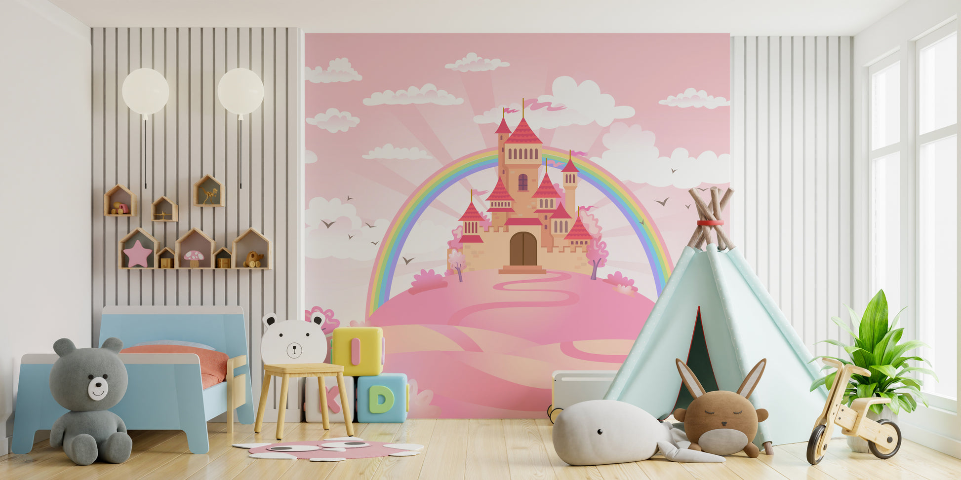 Princess castle wallpaper mural for whimsical and elegant decor.
