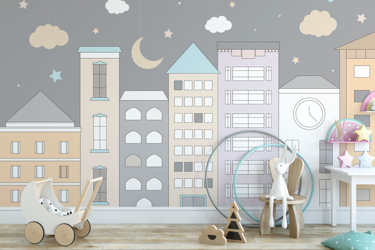 Wall mural featuring a bustling playful town and vibrant details.
