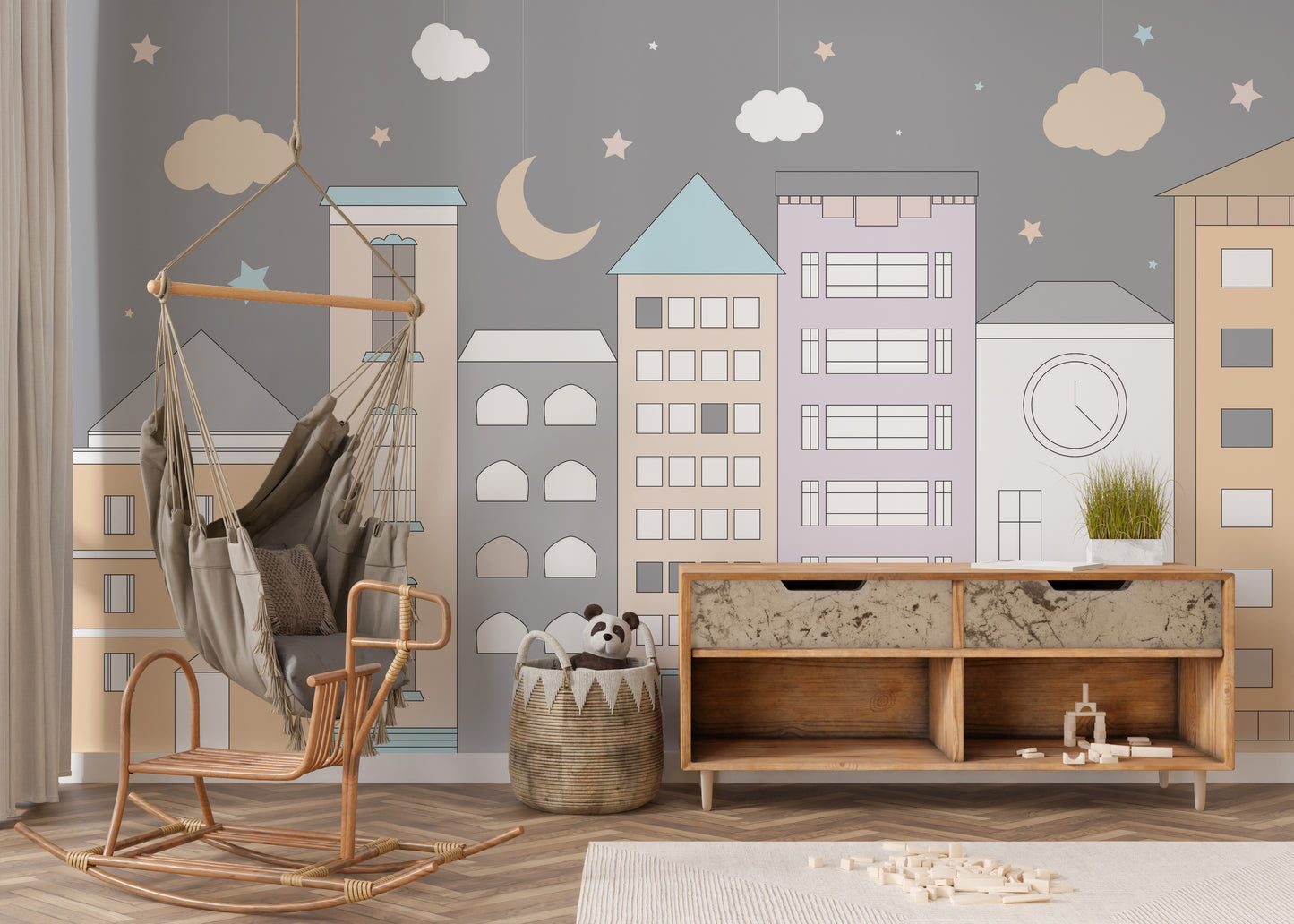 Artistic mural of a playful town adventure for cheerful interiors.
