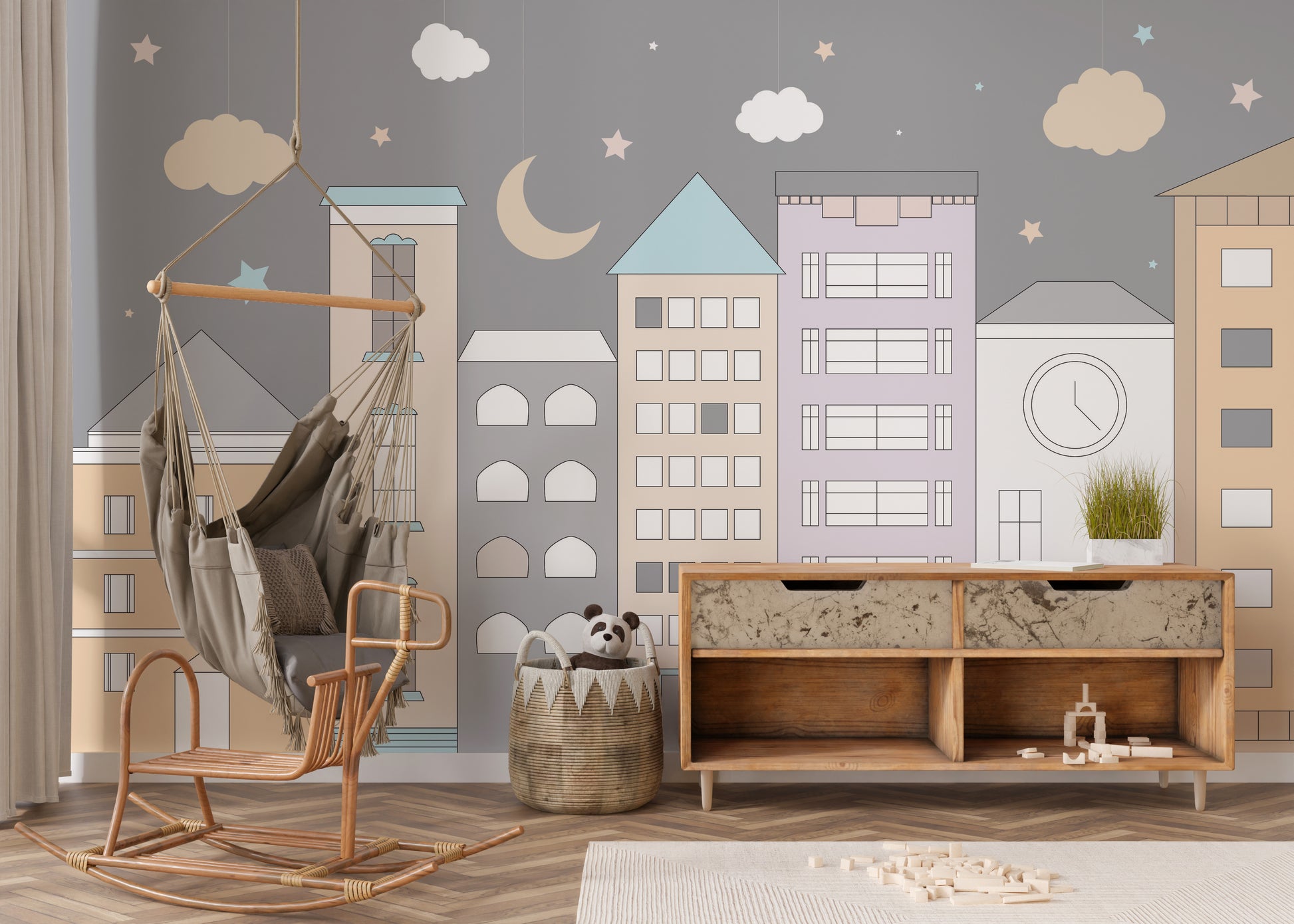 Artistic mural of a playful town adventure for cheerful interiors.
