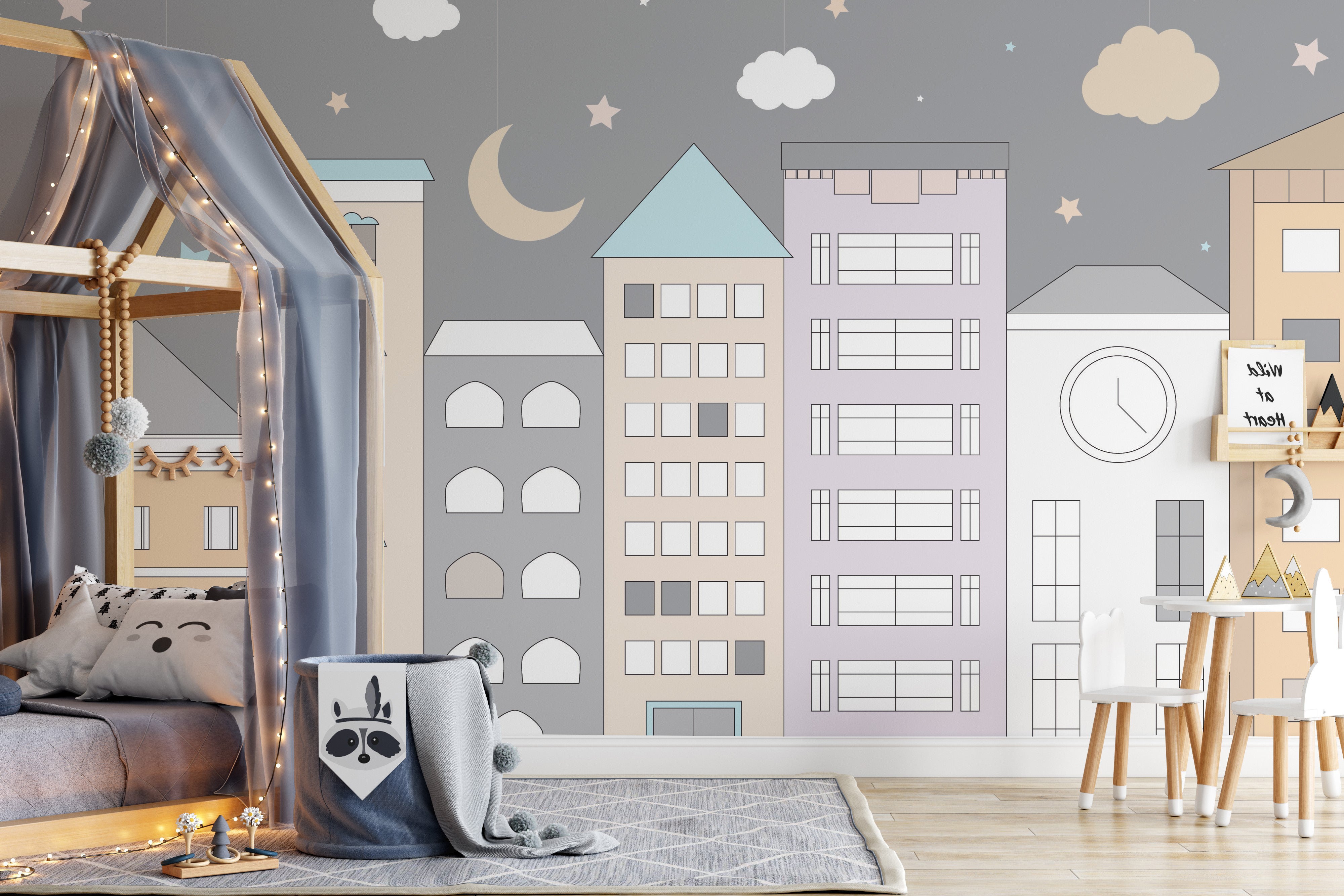 Vibrant wall mural featuring a playful town adventure scene.
