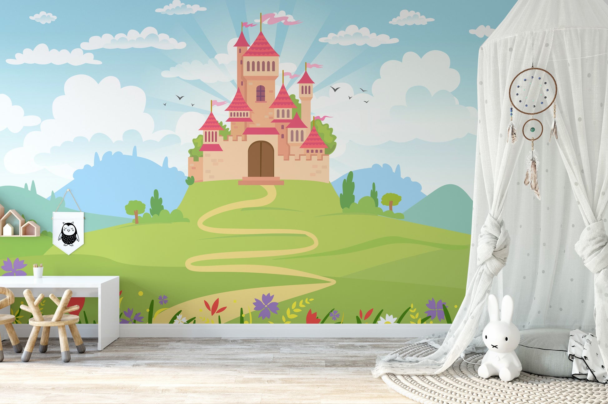 Fairytale princess castle mural for magical and dreamy decor.
