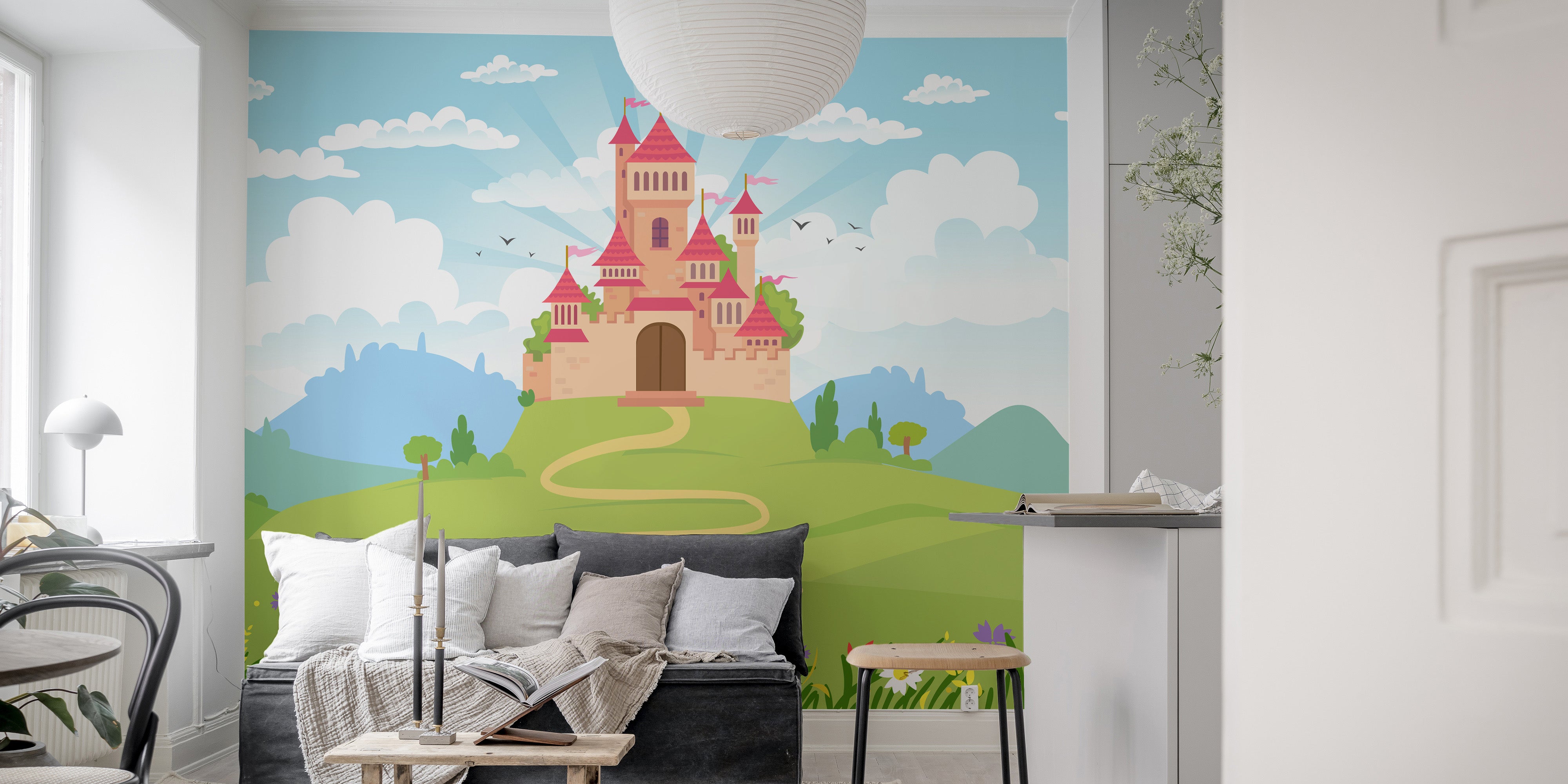 Fairytale castle mural with princess vibes for serene decor.
