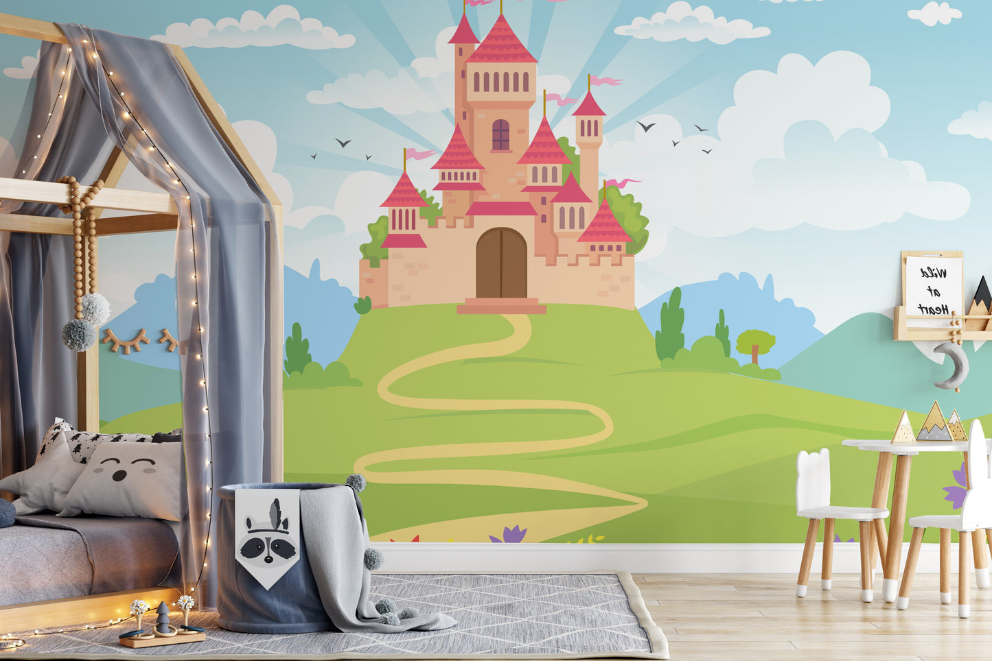 Magical princess castle mural adding charm to kids' interiors.
