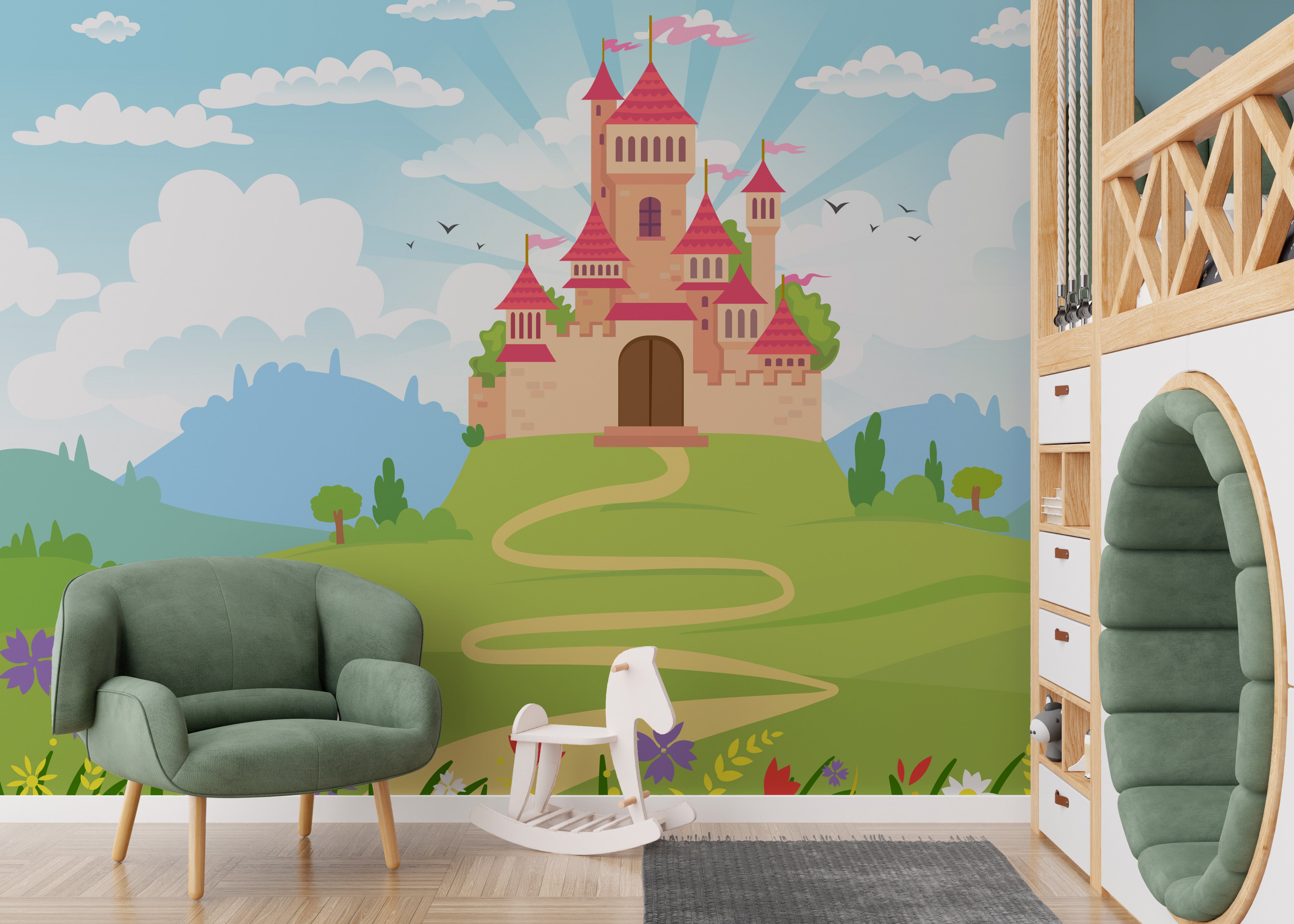 Fairytale mural with a majestic princess castle for elegant walls.
