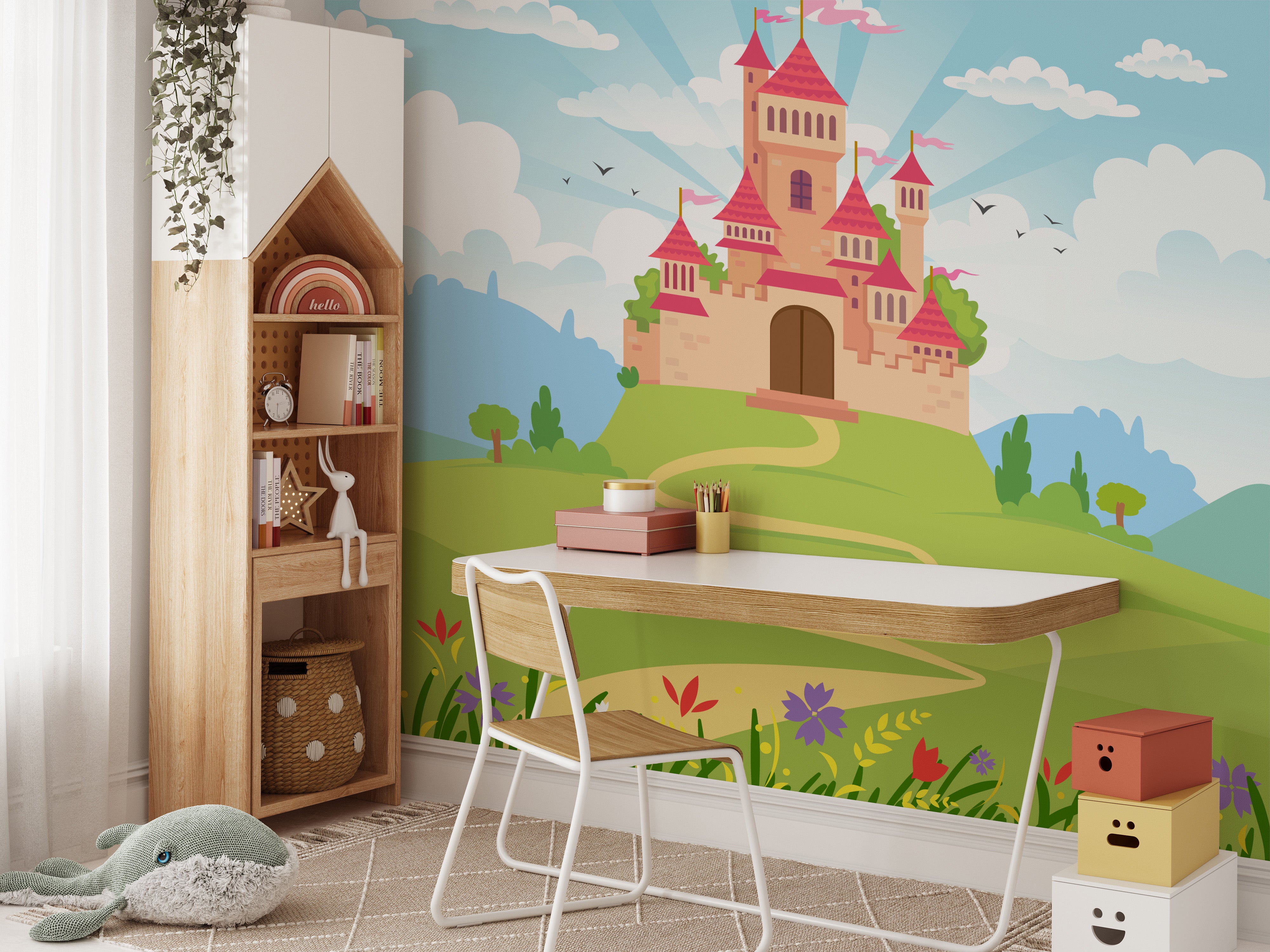 Enchanting princess castle mural for whimsical room decor.
