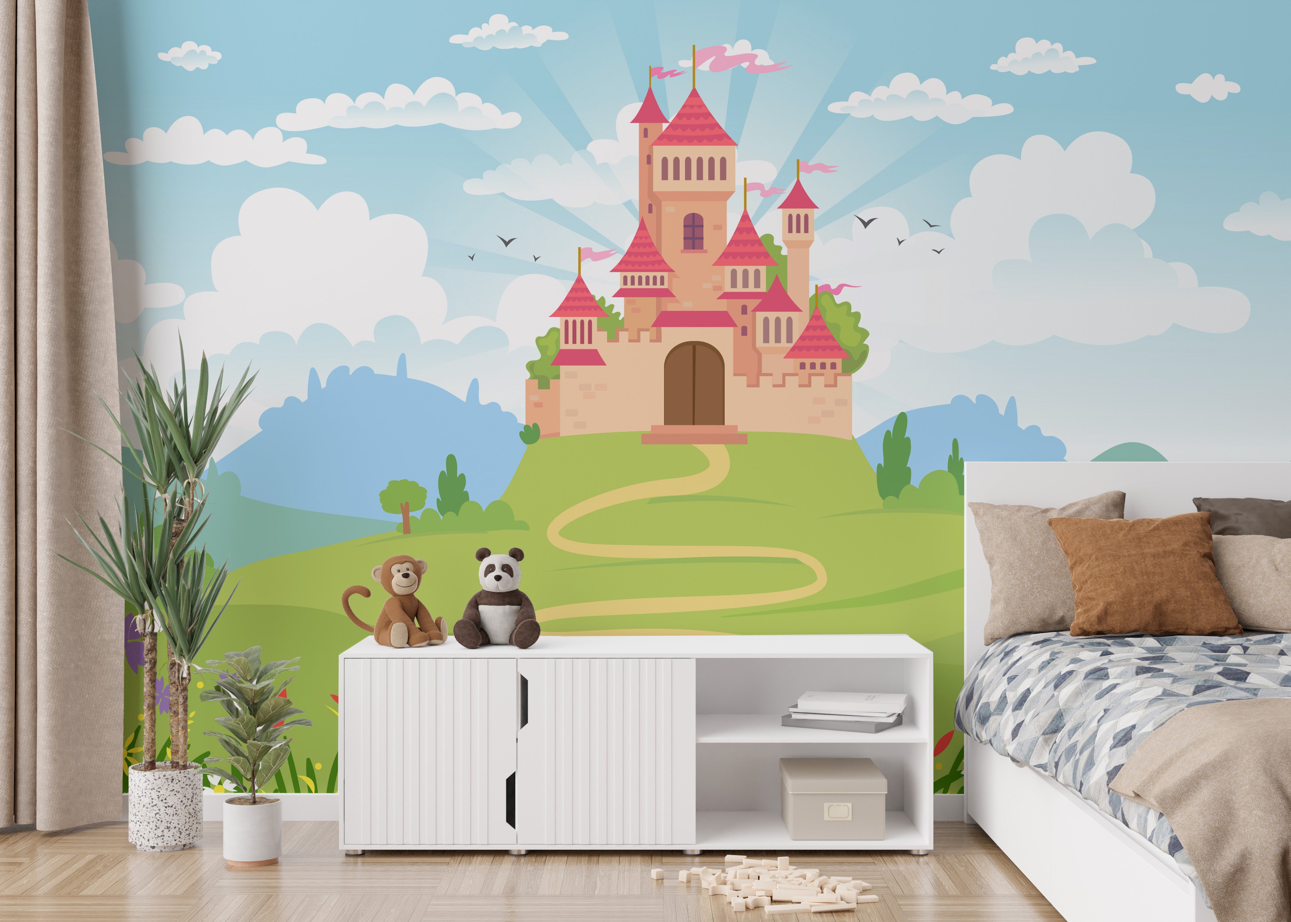 Artistic mural featuring a fairytale princess castle design.
