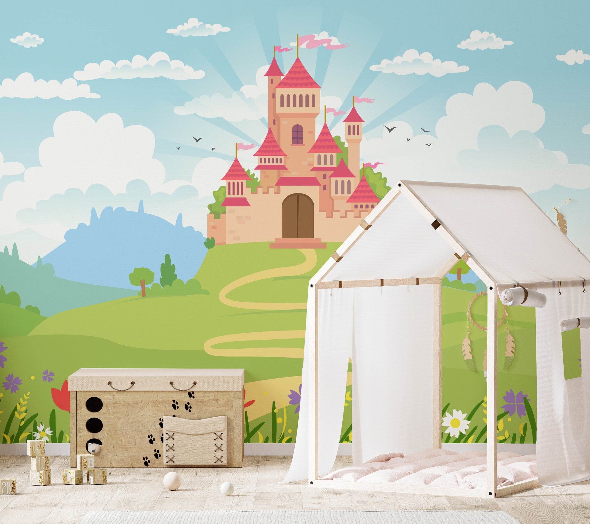 Princess-themed fairytale castle mural for kids' dreamy walls.
