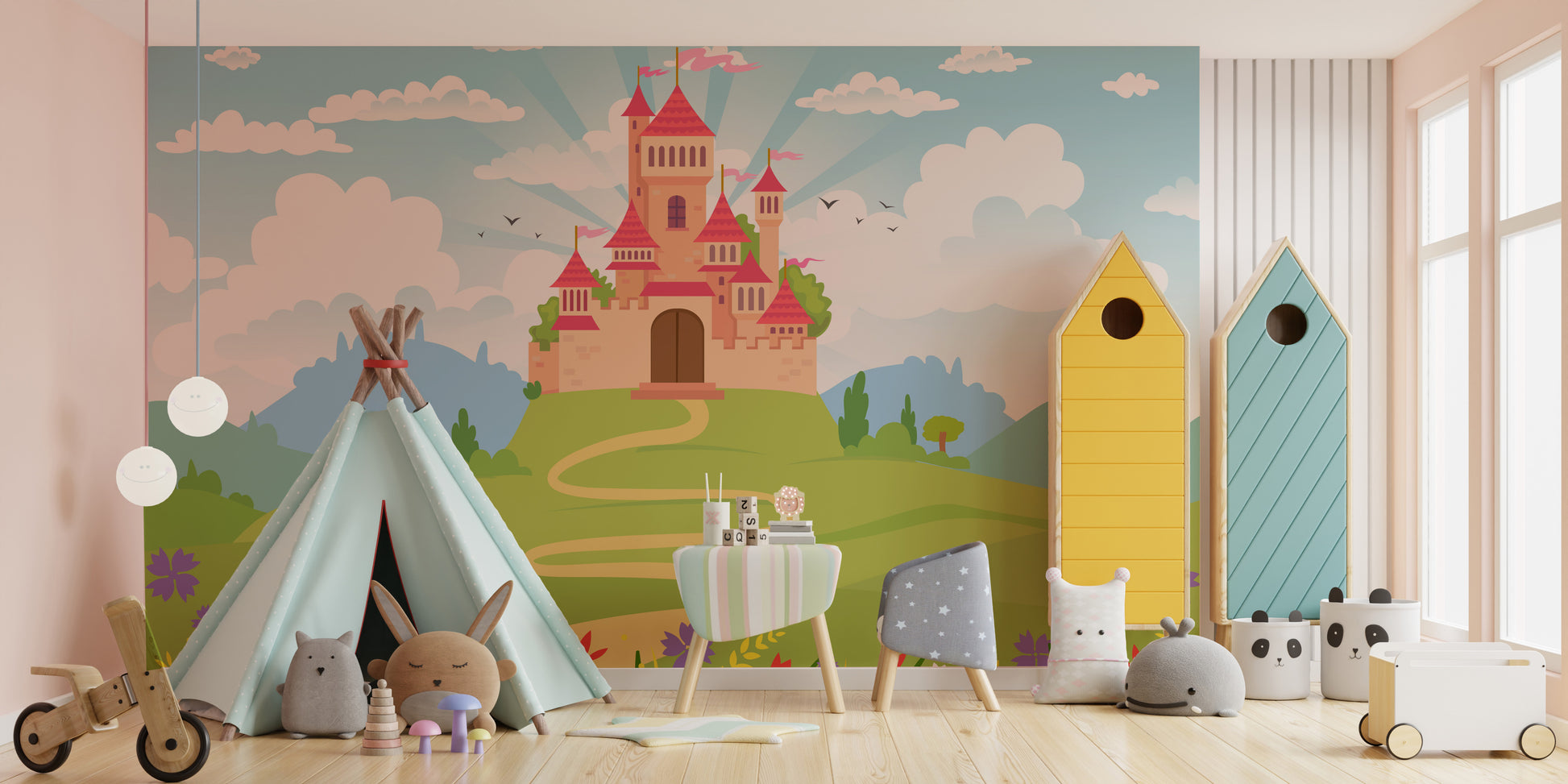 Fairytale castle mural showcasing a magical princess theme.
