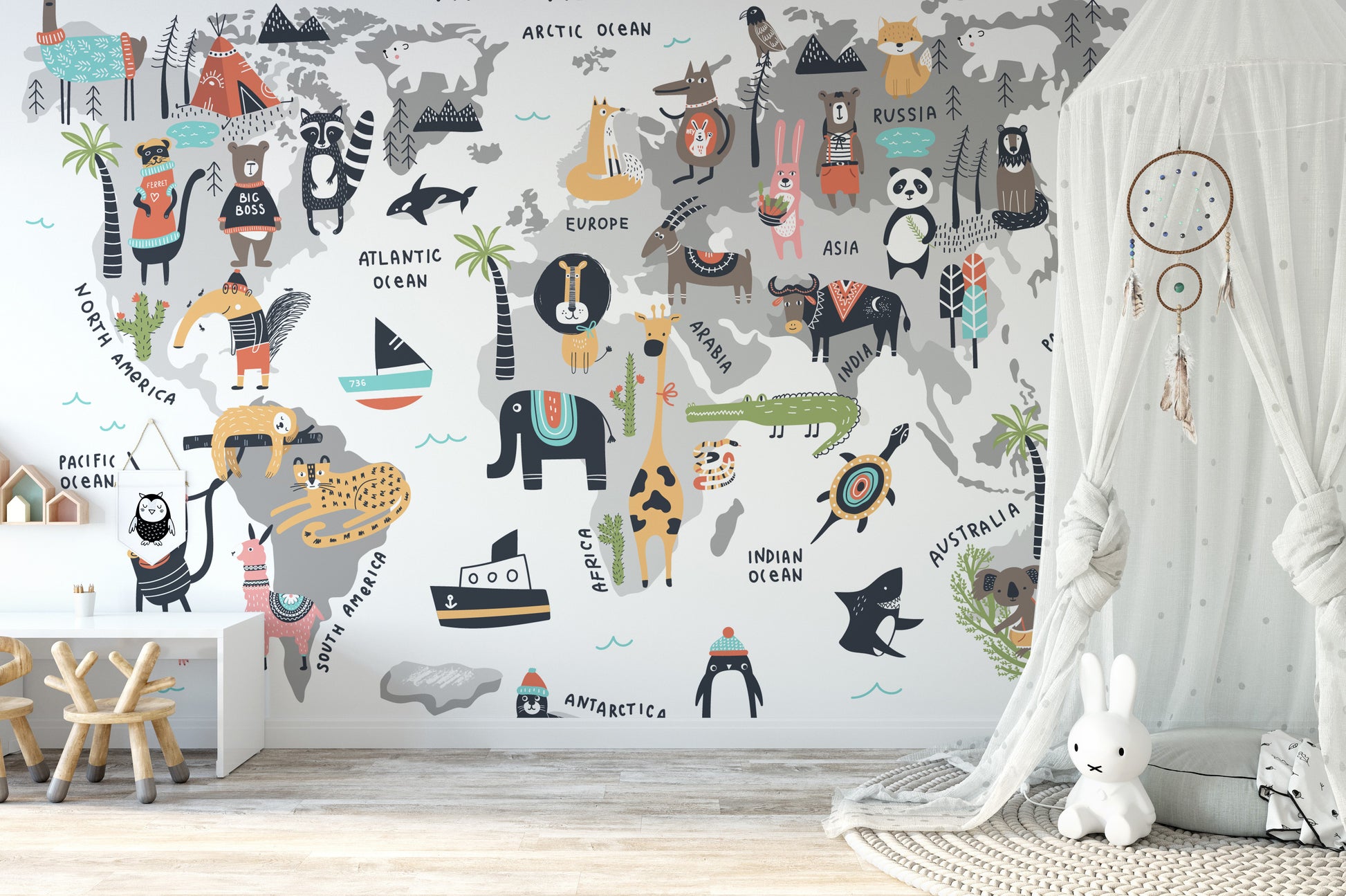 Artistic mural of animals across a vibrant world map for walls.
