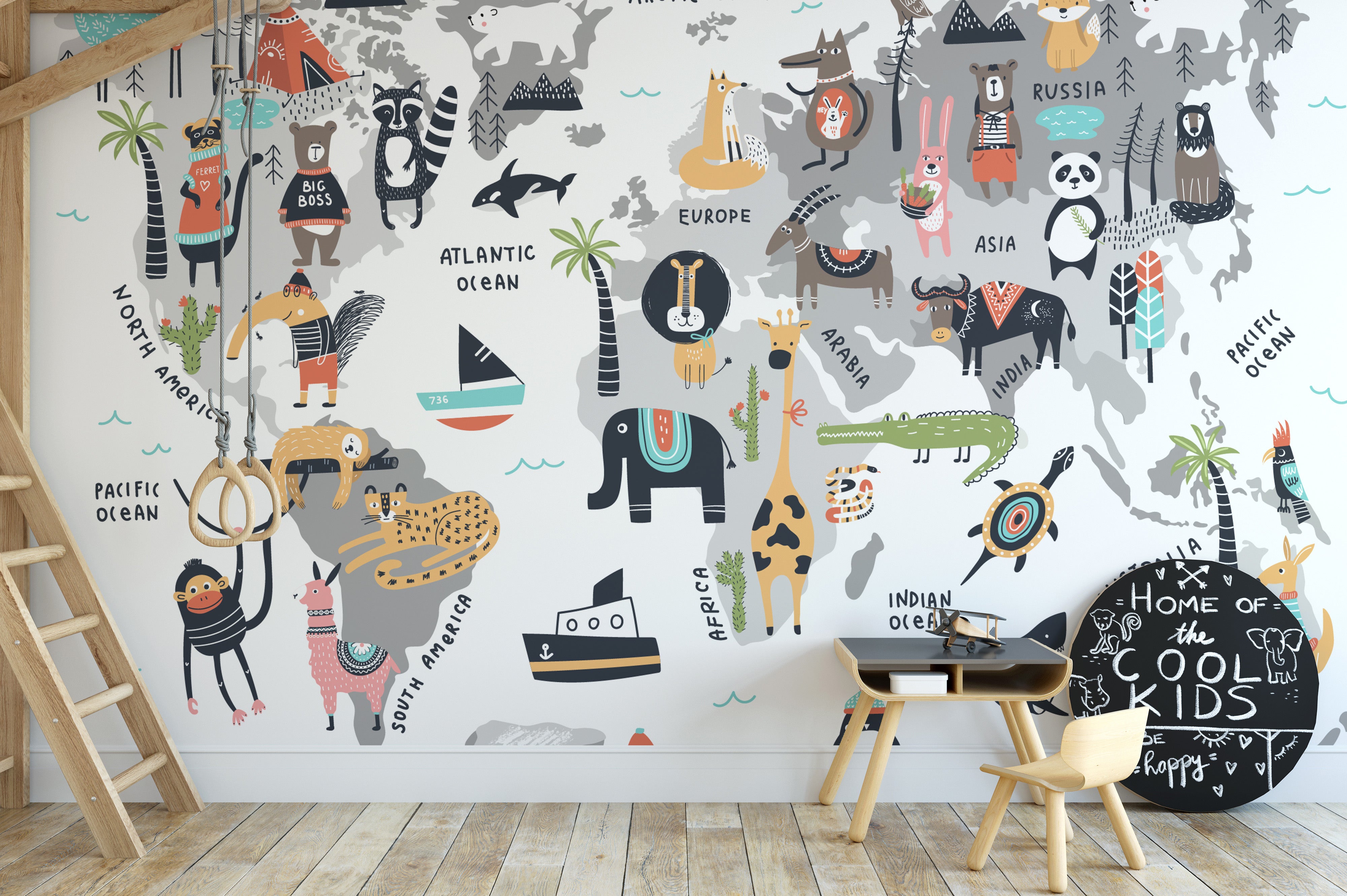 Animal world map wallpaper showcasing global wildlife for decor.
