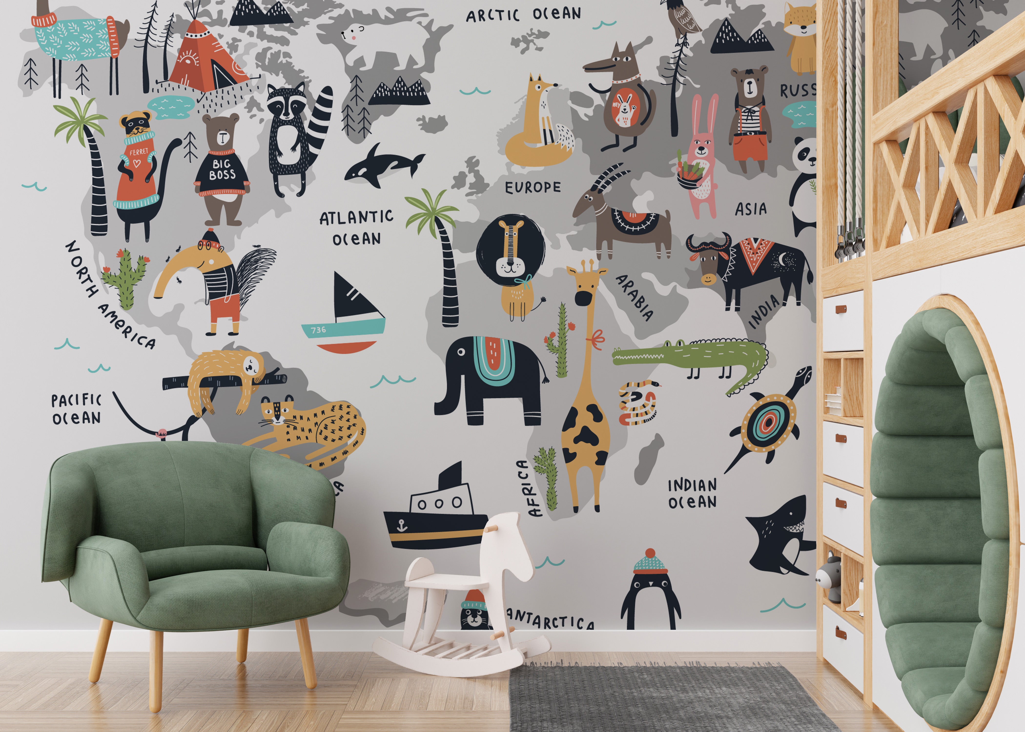 Educational animal world map mural for vibrant and lively spaces.
