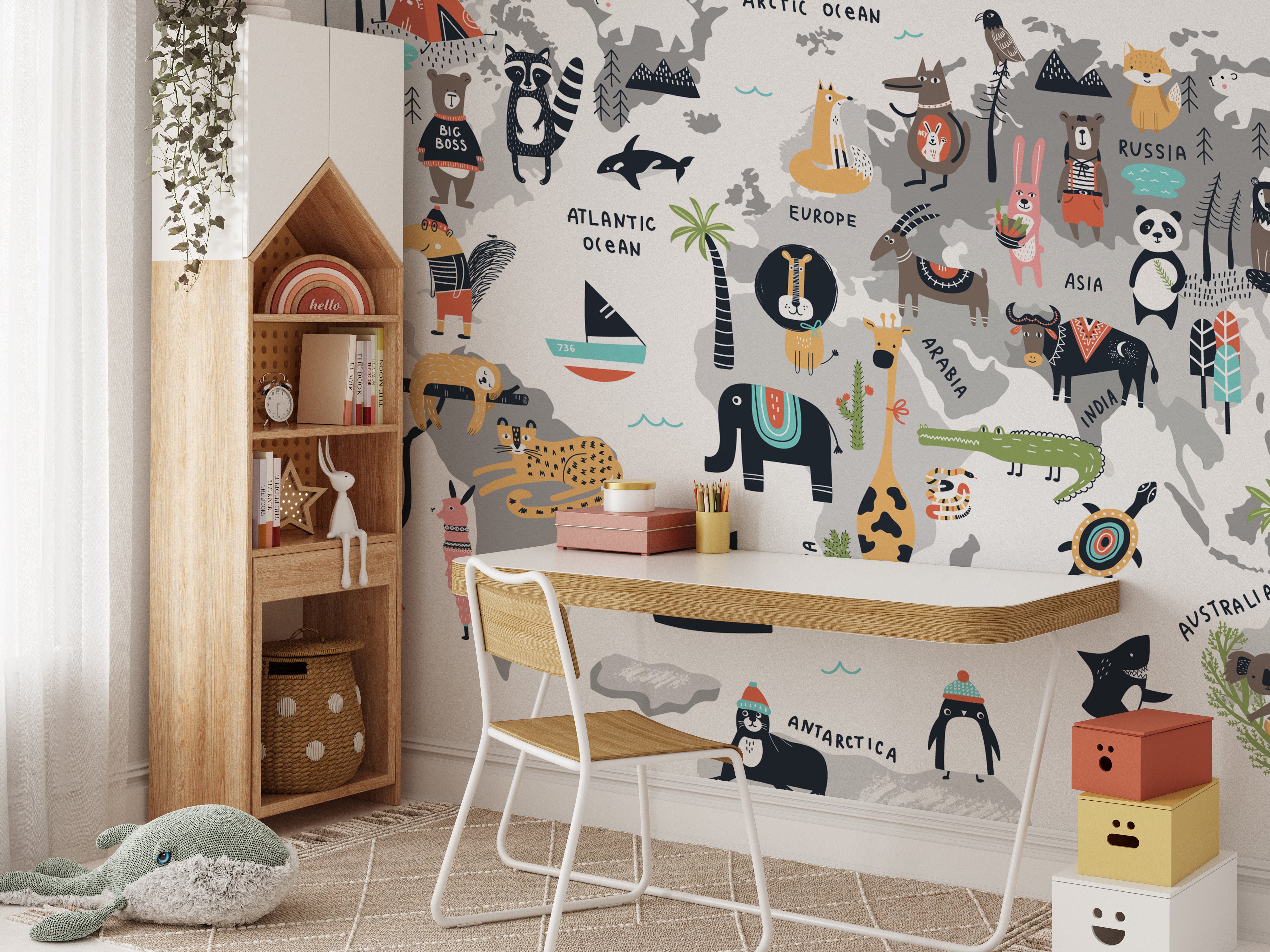 Wild Wonders mural blending animals and geography for decor.
