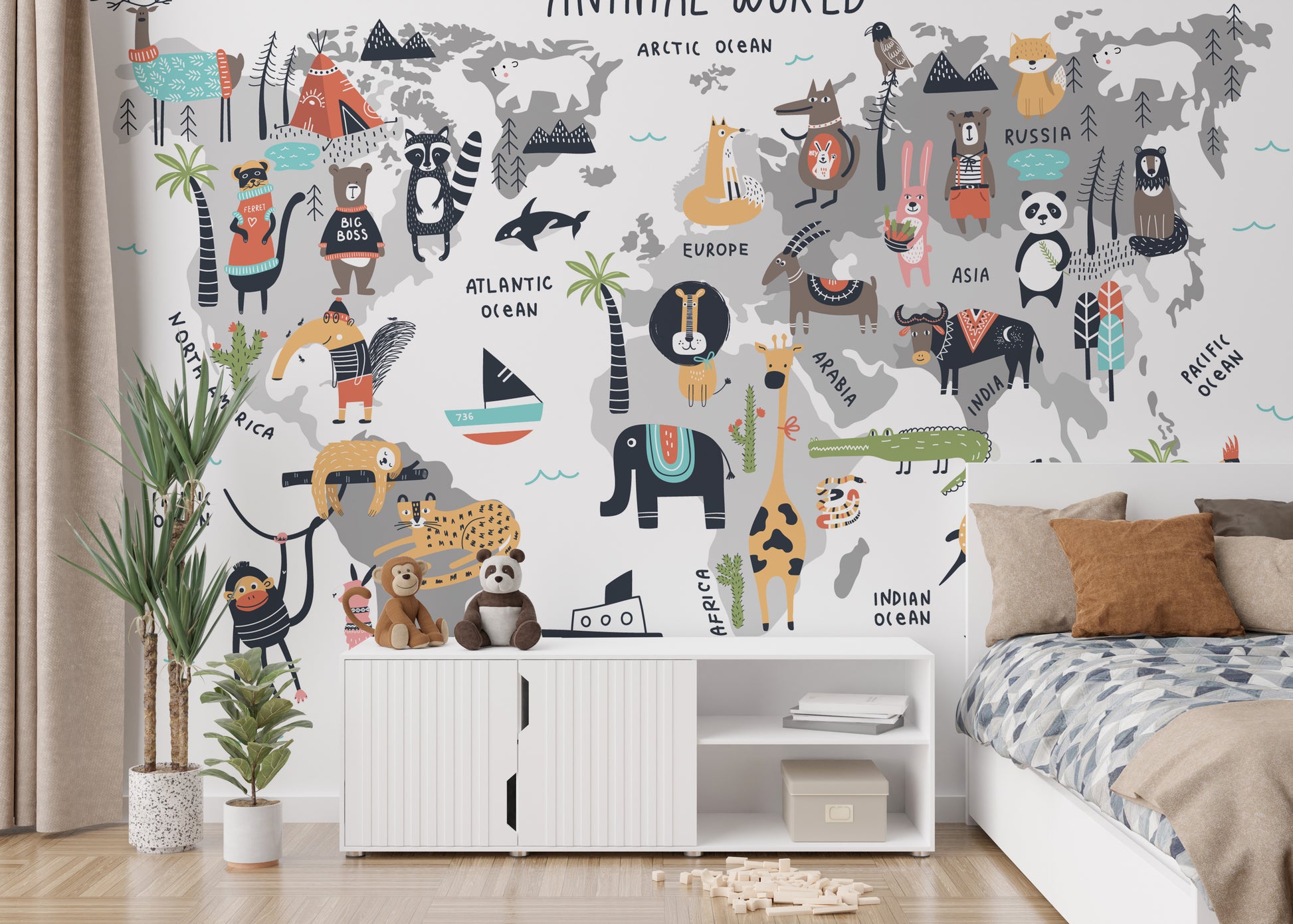 Wildlife world map mural with vibrant details for kids' walls.
