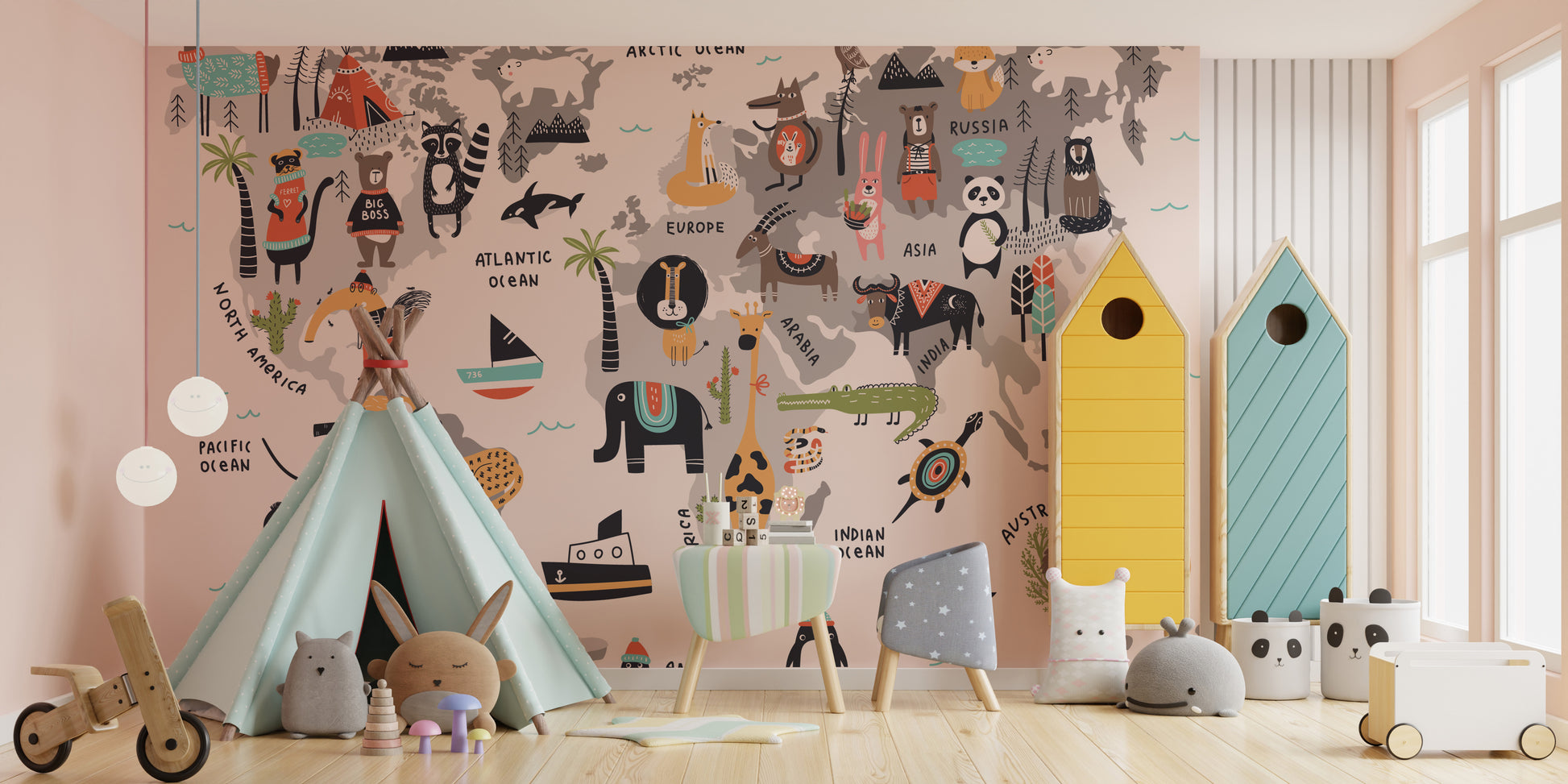 World map mural with animals for adventurous and fun interiors.
