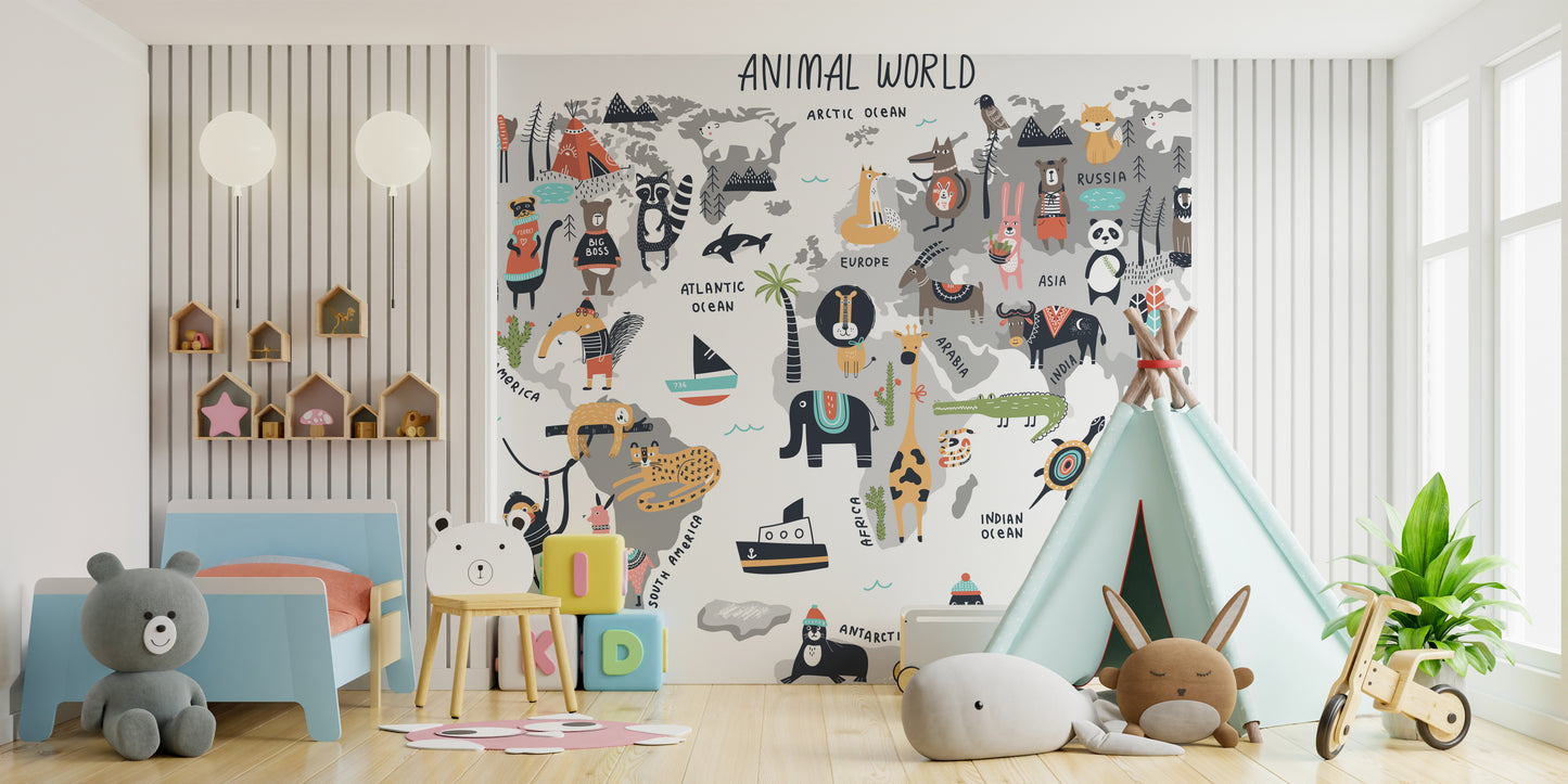 Wild Wonders animal map mural for playful and educational decor.
